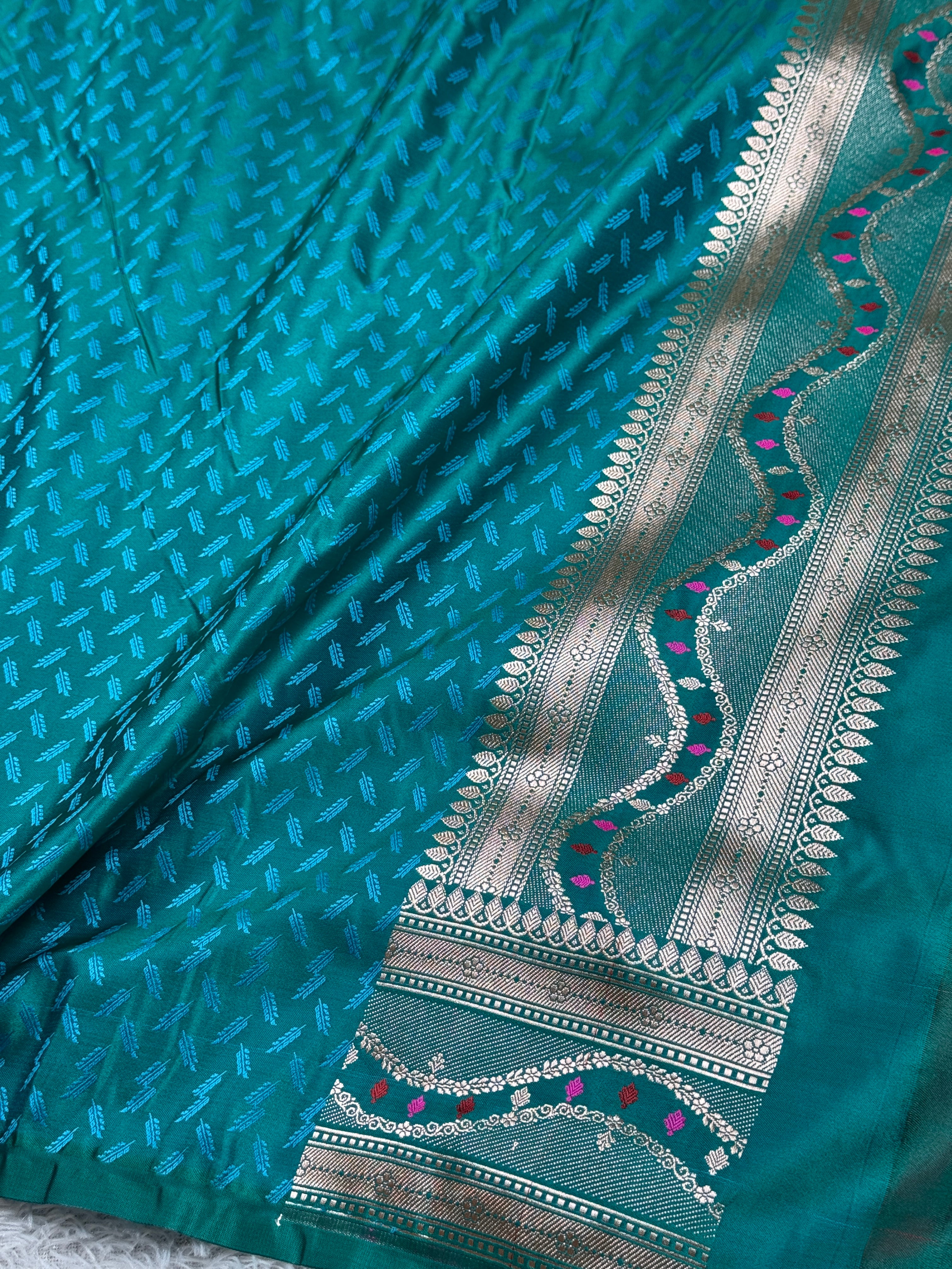 Sea Blue Buta Meenakari Banarasi Mashru Silk Saree | Satin Mashru Silk | Kaashi Threads | MKS514