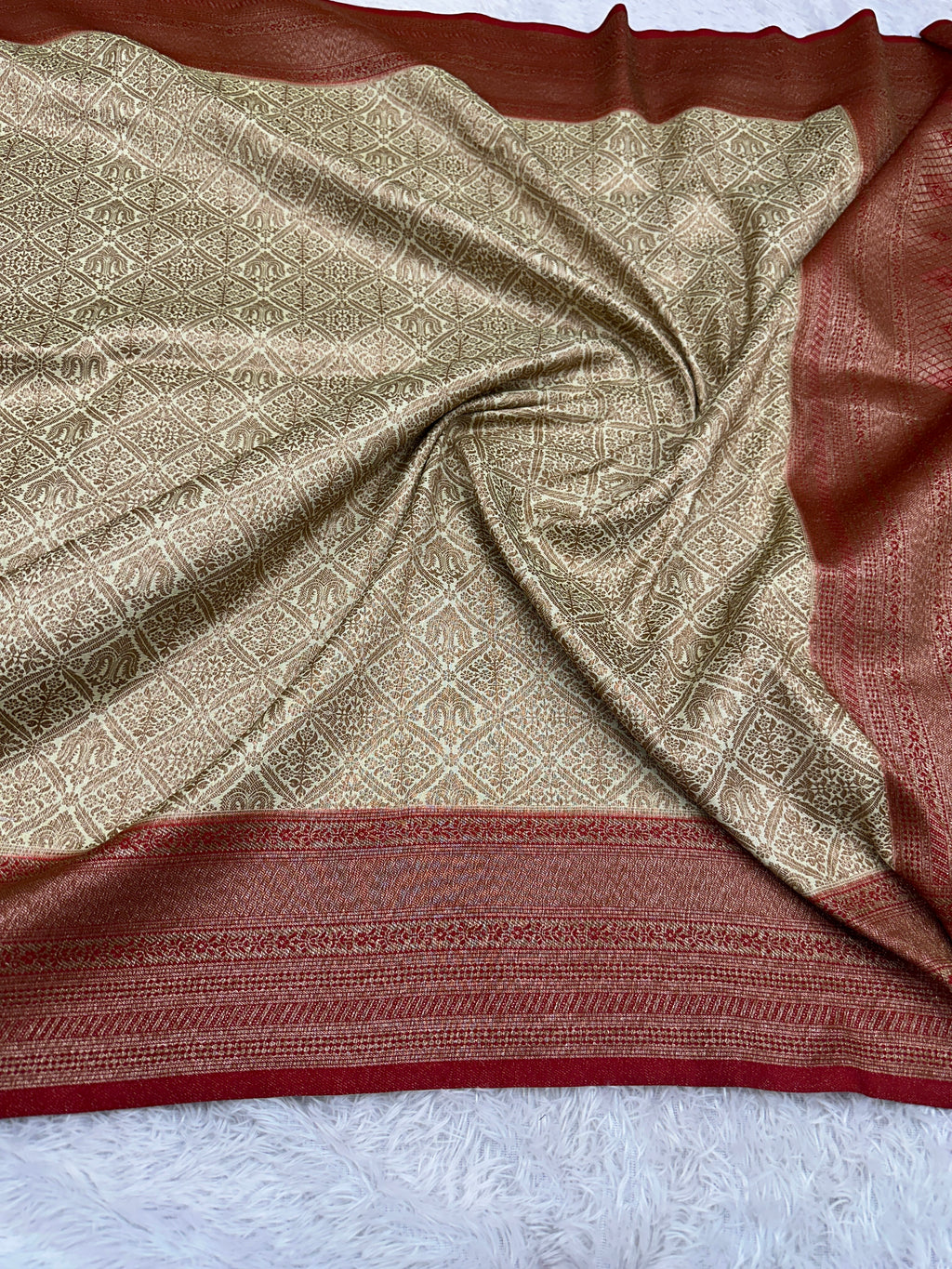 Cream & Red Banarasi Dupion Silk Saree with Embossed Antique Zari Weaving & Rich Antique Zari Pallu | STF68