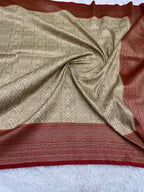 Cream & Red Banarasi Dupion Silk Saree with Embossed Antique Zari Weaving & Rich Antique Zari Pallu | STF68