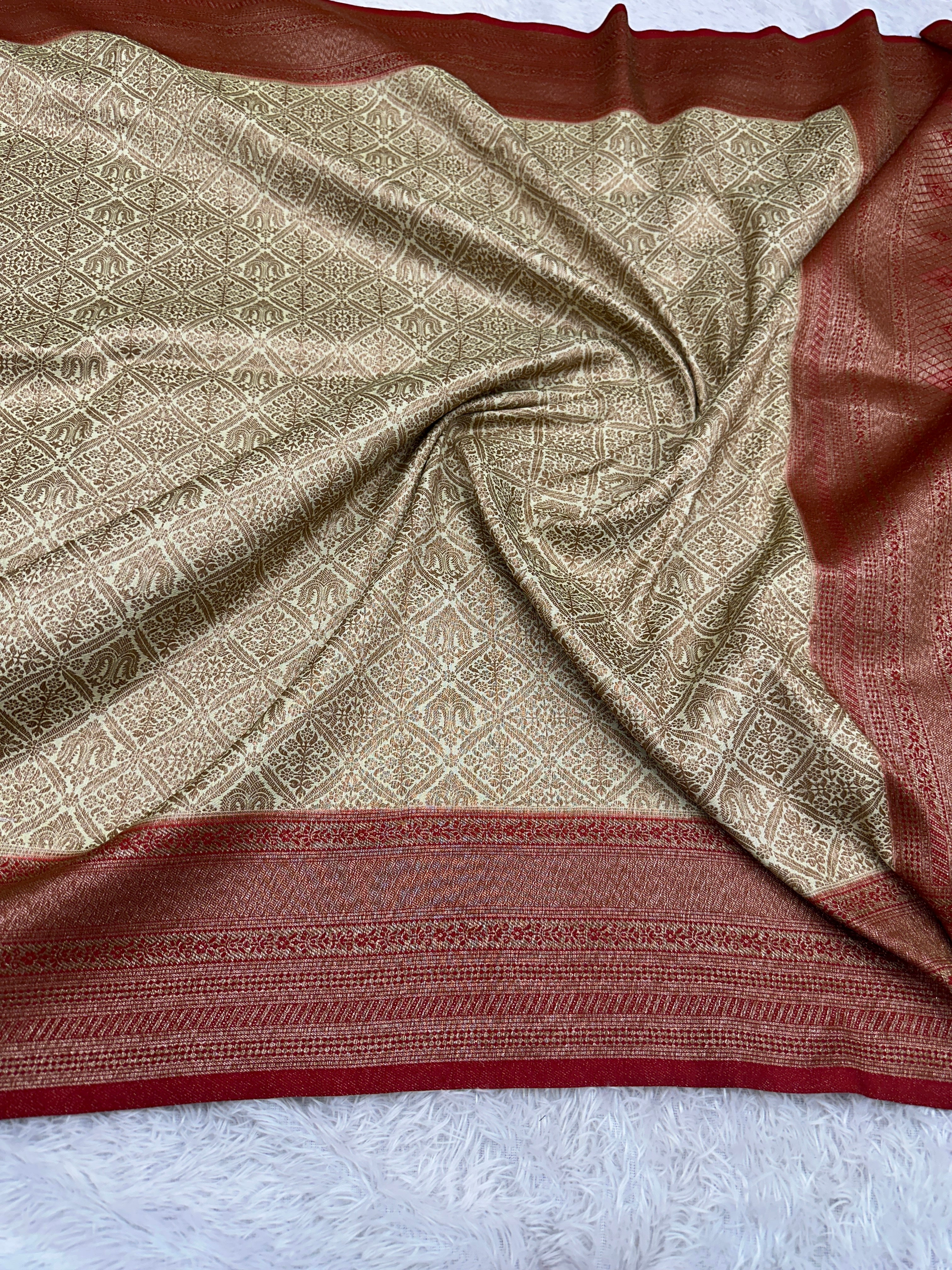 Cream & Red Banarasi Dupion Silk Saree with Embossed Antique Zari Weaving & Rich Antique Zari Pallu | STF68