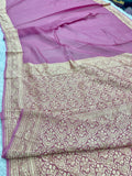 Pure Silk Georgette Strawberry Pink & Yellow Banarasi Saree with Nimzari Woven Border & Rich Zari Pallu