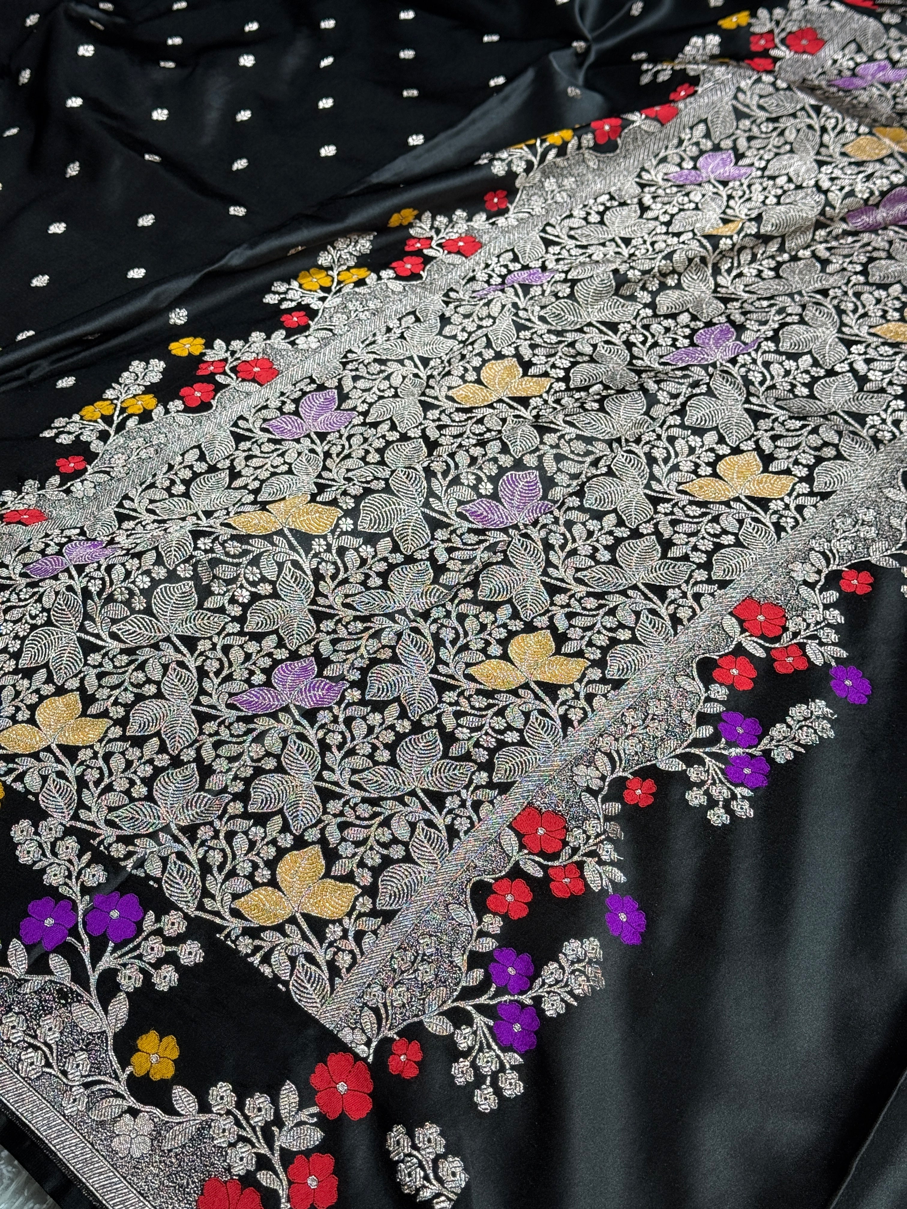 Black Mashru Kataan Silk Saree with Buta Design & Meenakari Zari Border MKS631