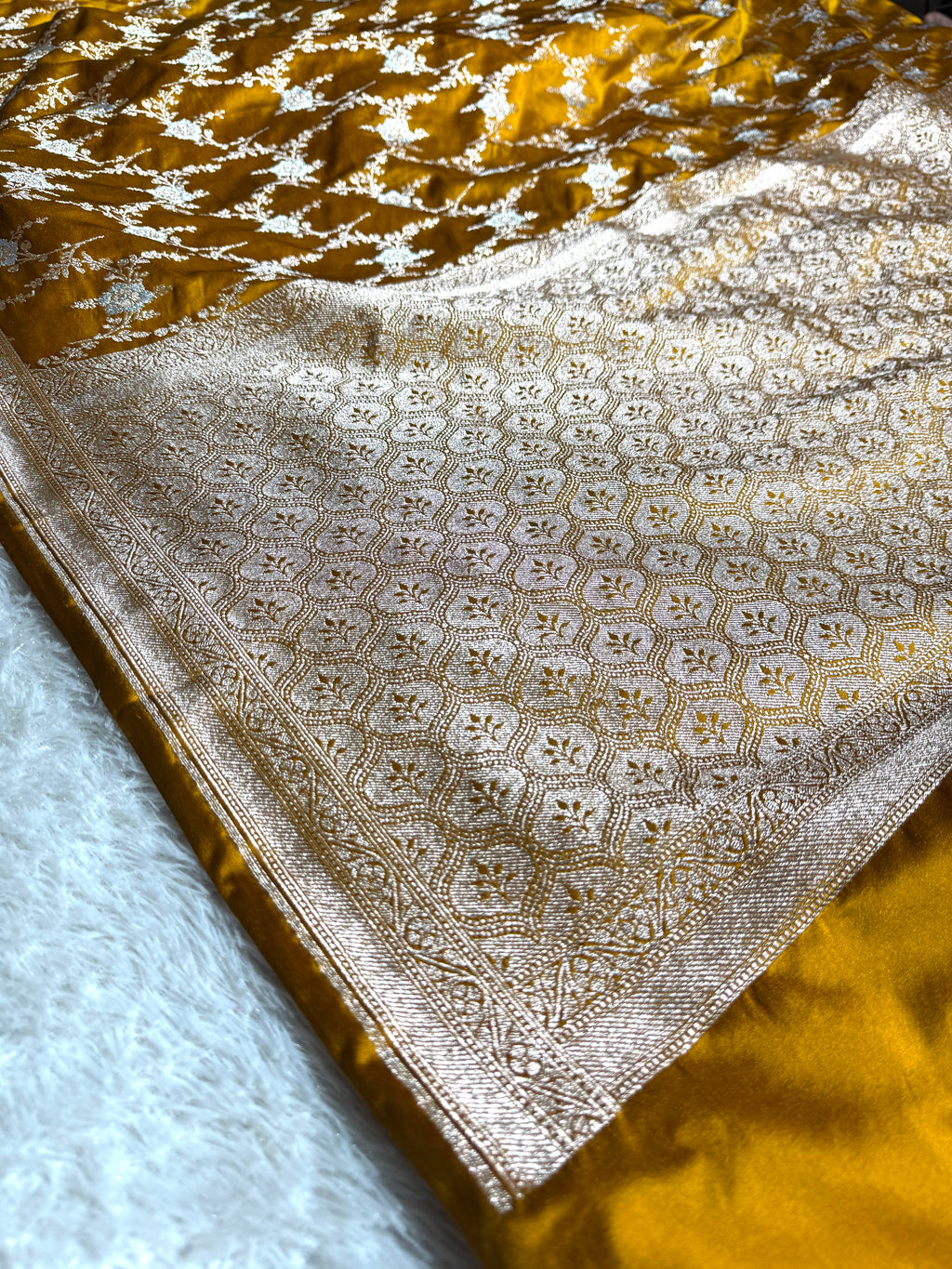 Mustard Mashru Silk Saree in Jaal Pattern MKS010