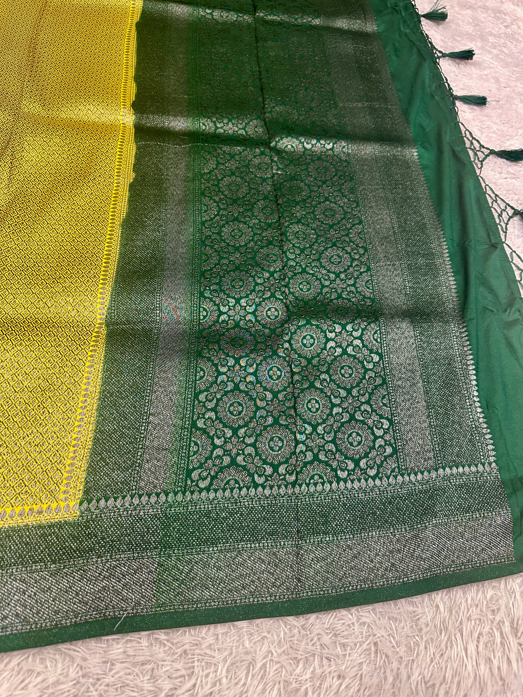 STF42 – Radiant Lemon Yellow Dupion Saree with Silver-Black Antique Zari Weaving