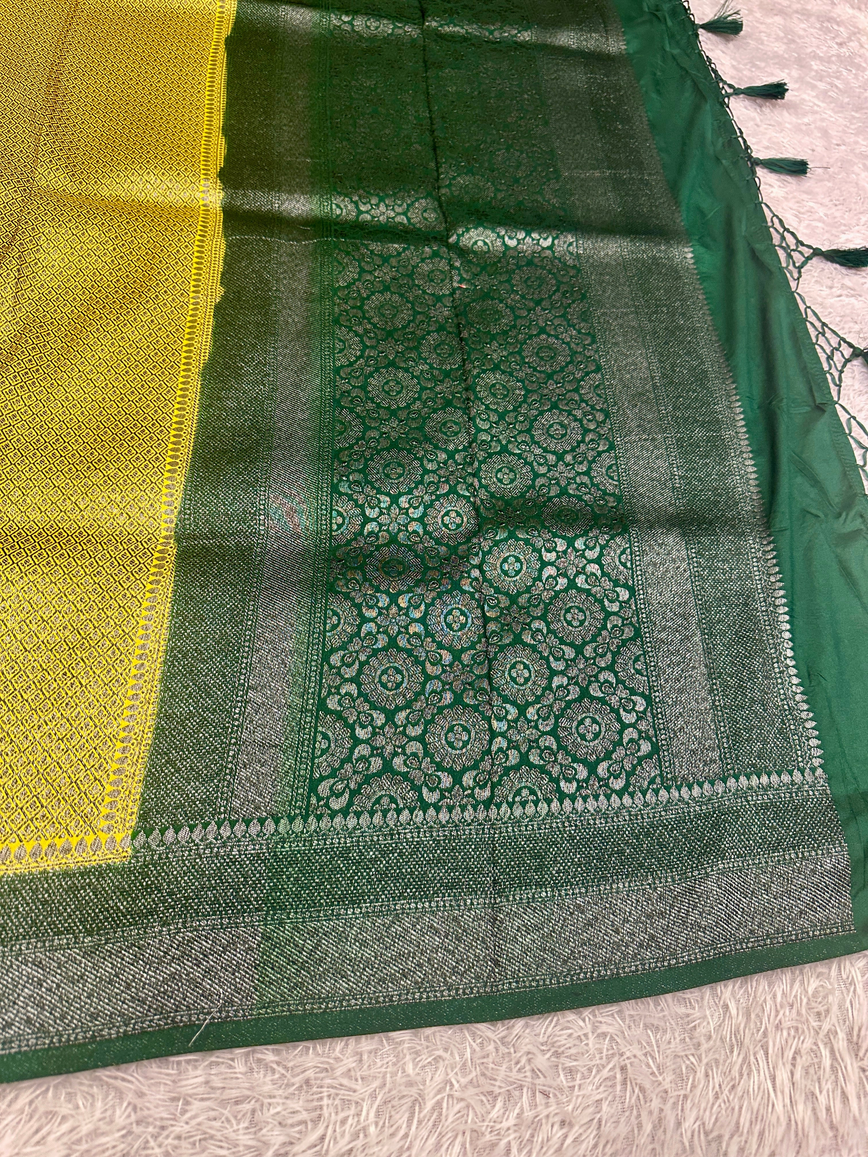 STF42 – Radiant Lemon Yellow Dupion Saree with Silver-Black Antique Zari Weaving