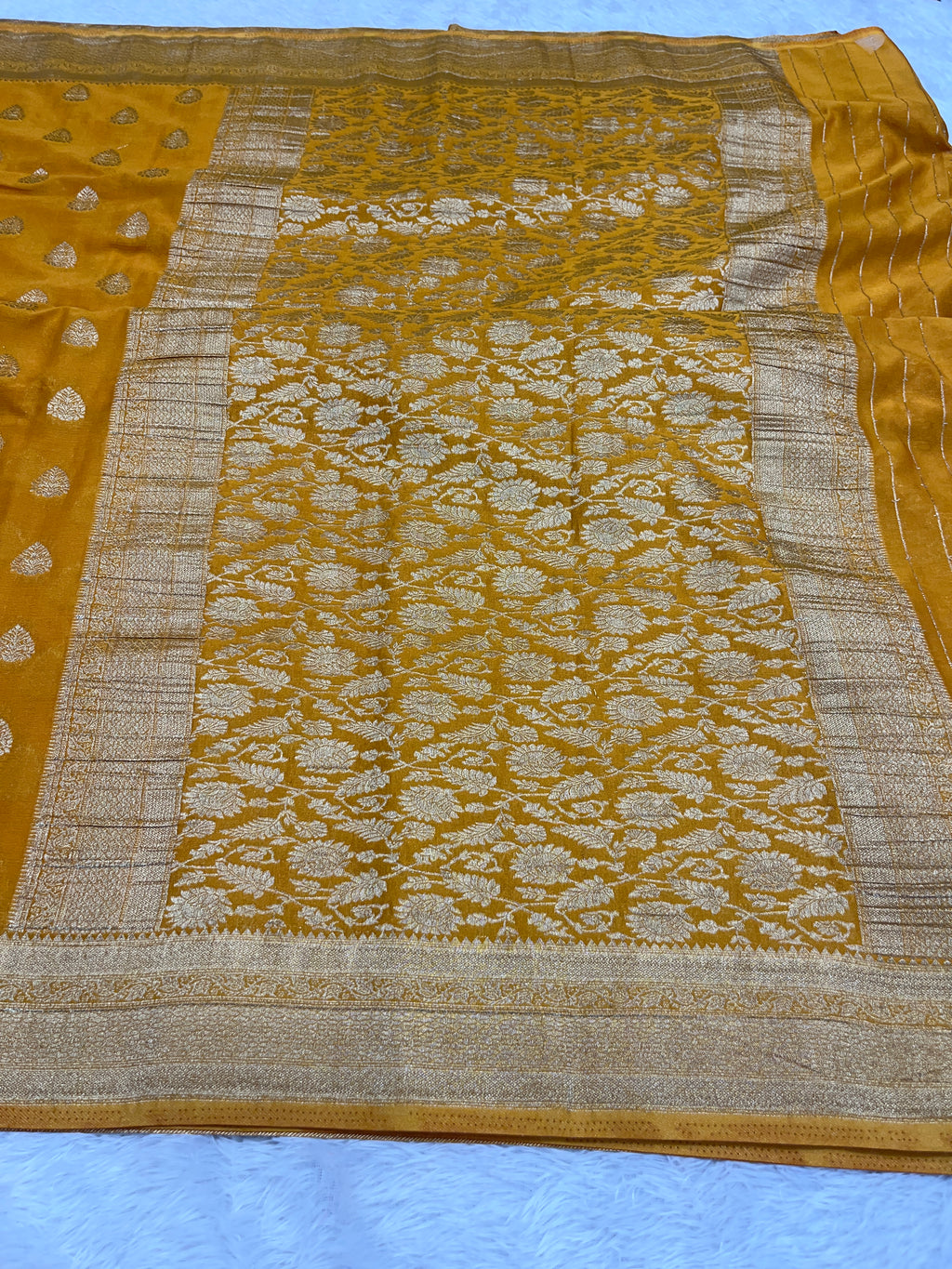 Chinon Silk Buta Zari Mustard Yellow Color Saree CN01