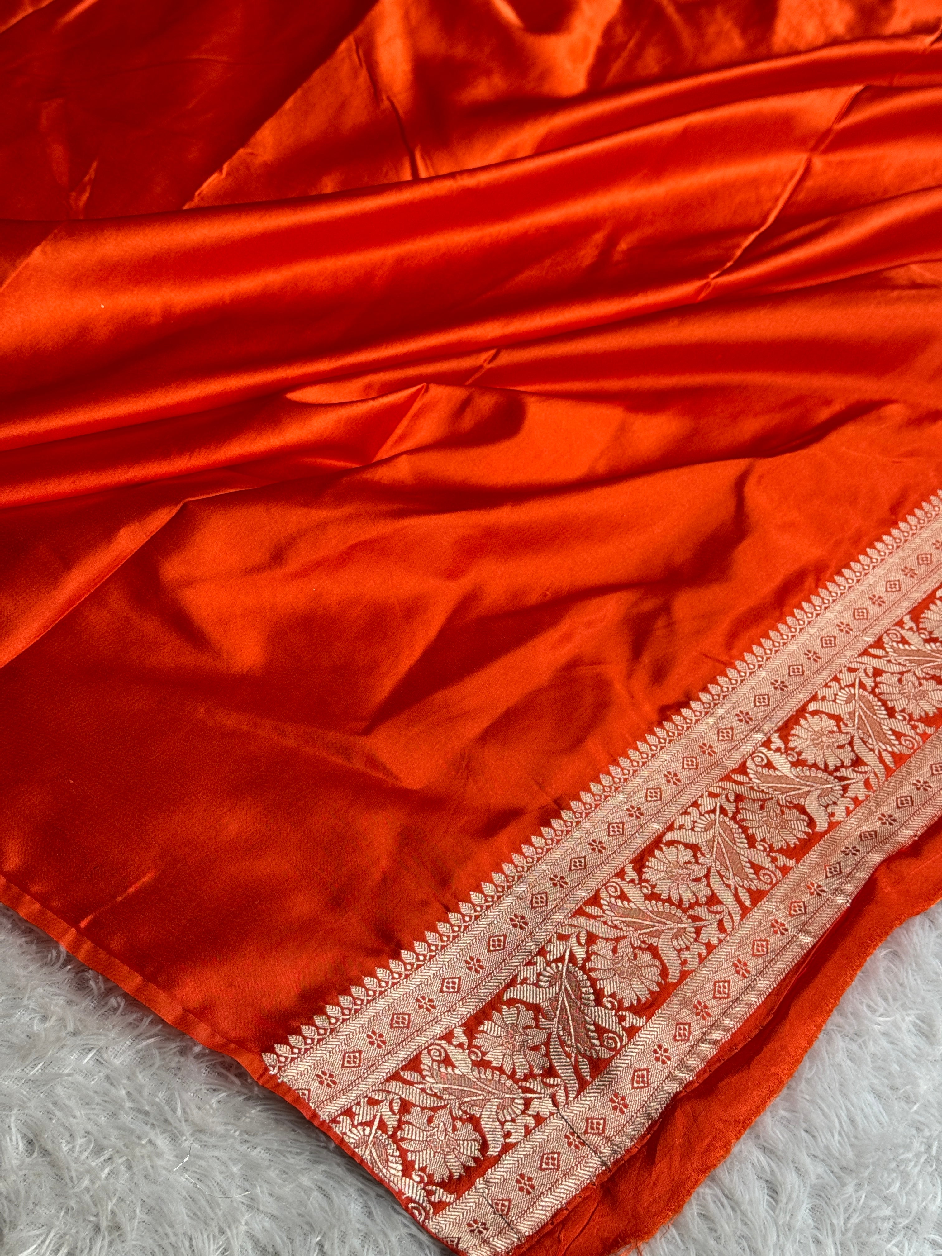 Orange Mashru Kataan Silk Saree with Buta Design & Rich Zari Pallu | MKS642