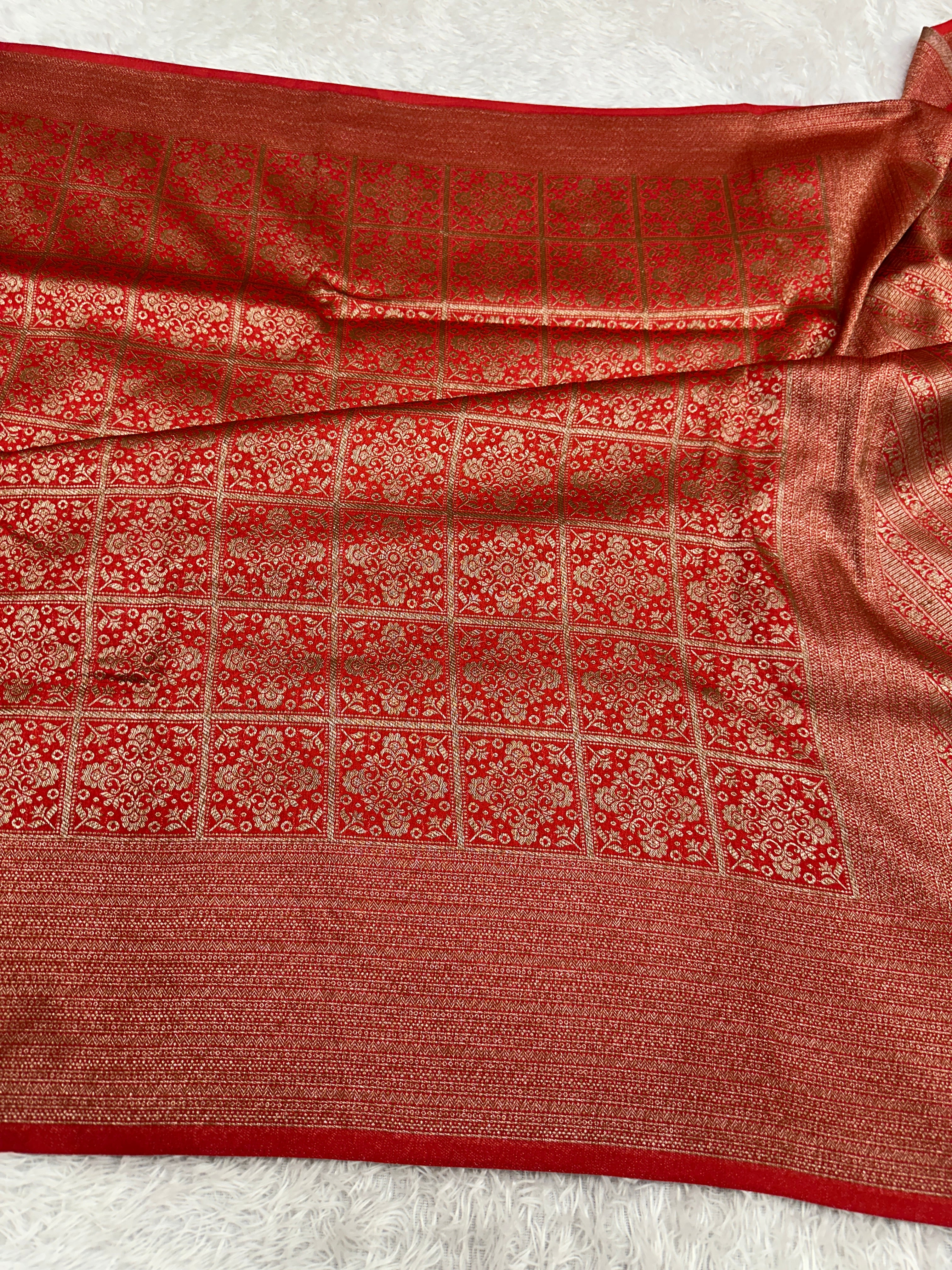 Red  Banarasi Dupion Silk Saree with Embossed Antique Zari Weaving & Rich Antique Zari Pallu | STF76