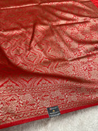 Red Banarasi Dupion Silk Saree with Embossed Antique Zari Weaving & Rich Antique Zari Pallu | STF66