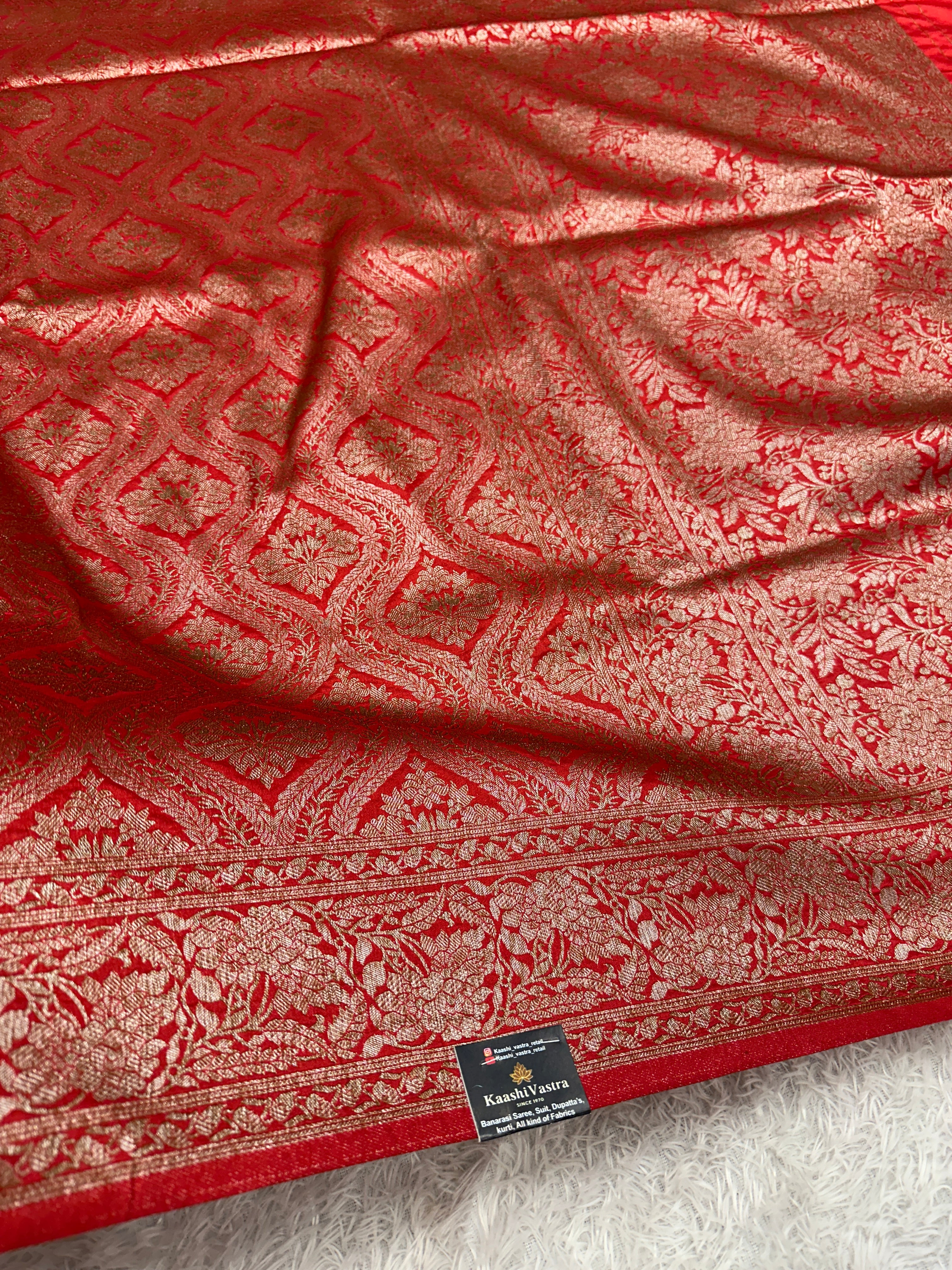Red Banarasi Dupion Silk Saree with Embossed Antique Zari Weaving & Rich Antique Zari Pallu | STF66