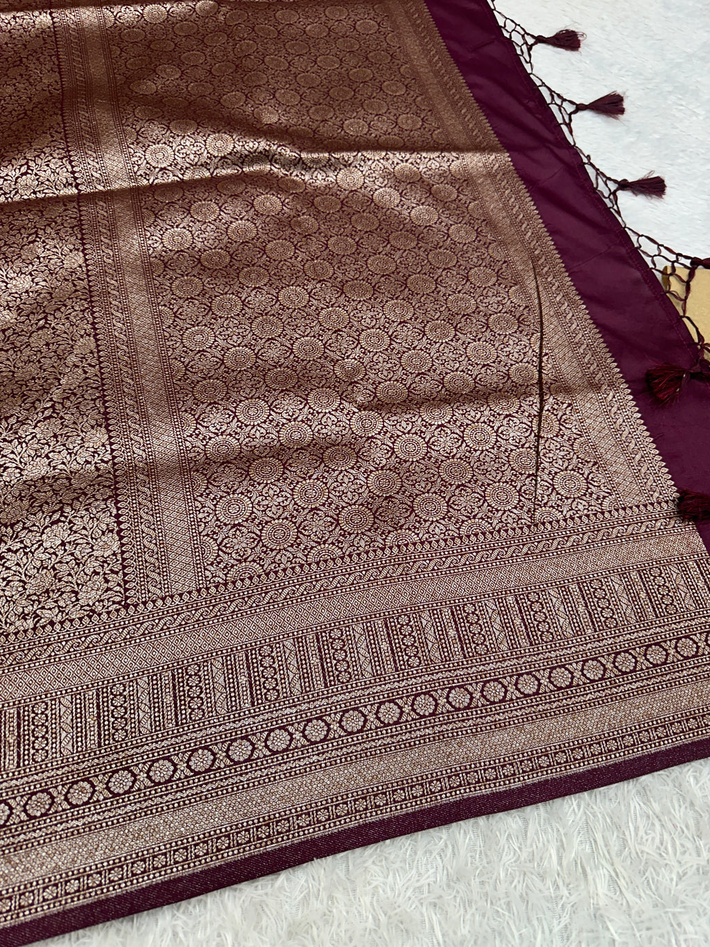 Wine Banarasi Dupion Silk Saree with Embossed Antique Zari Weaving & Rich Antique Zari Pallu | STF86