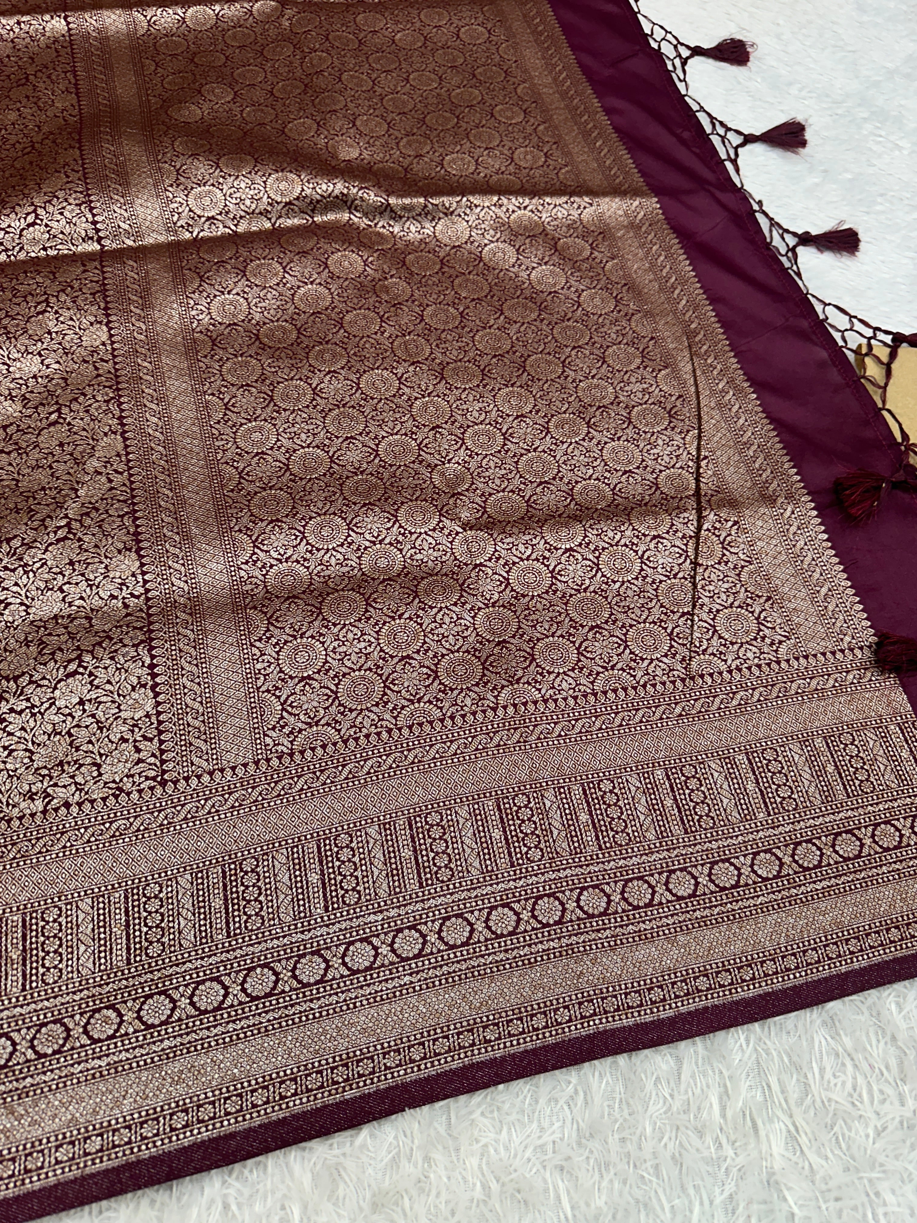 Wine Banarasi Dupion Silk Saree with Embossed Antique Zari Weaving & Rich Antique Zari Pallu | STF86