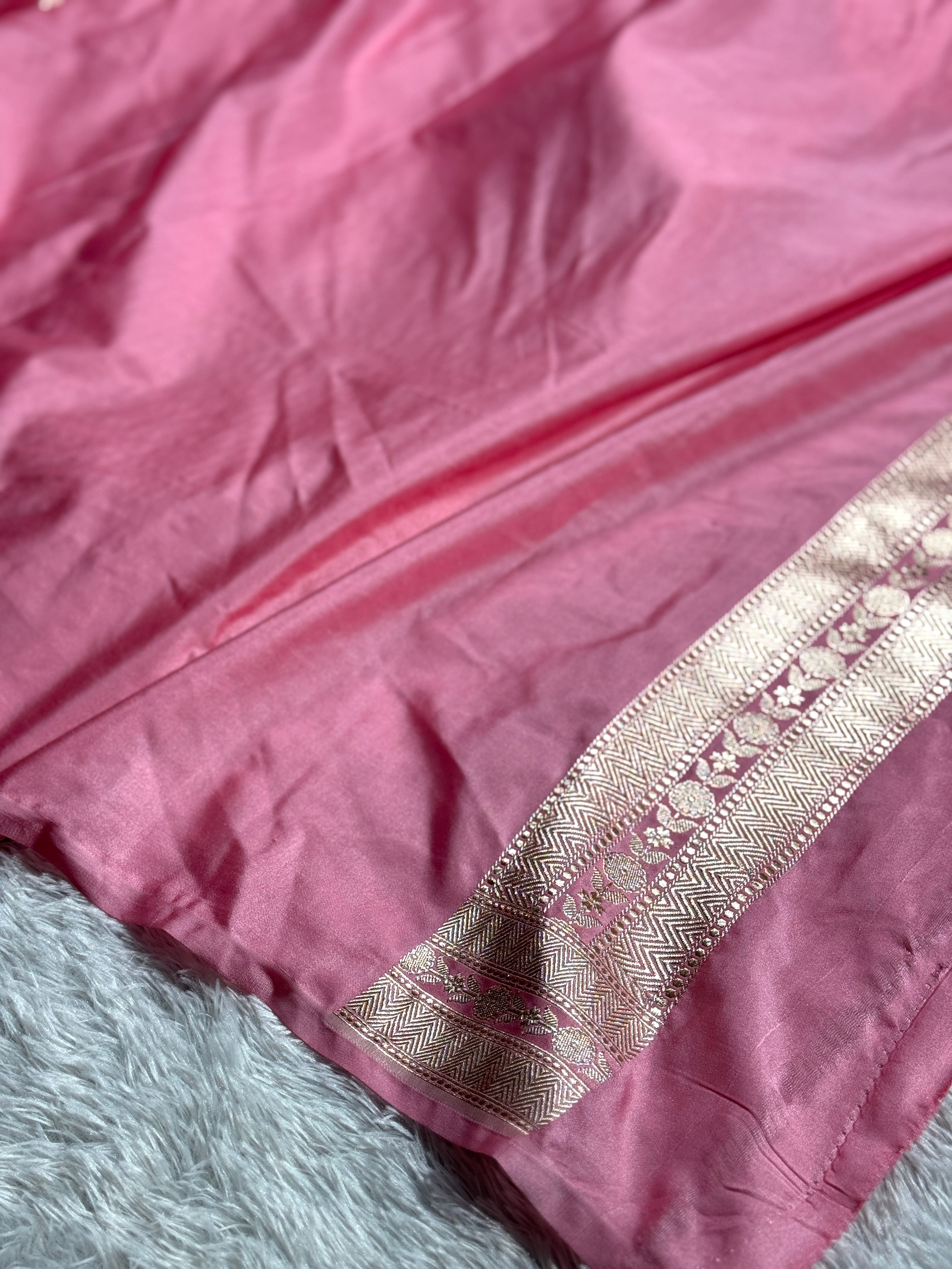 Pink Premium Banarasi Mashru Silk Saree with Jaal Meena Woven Pattern MKS154
