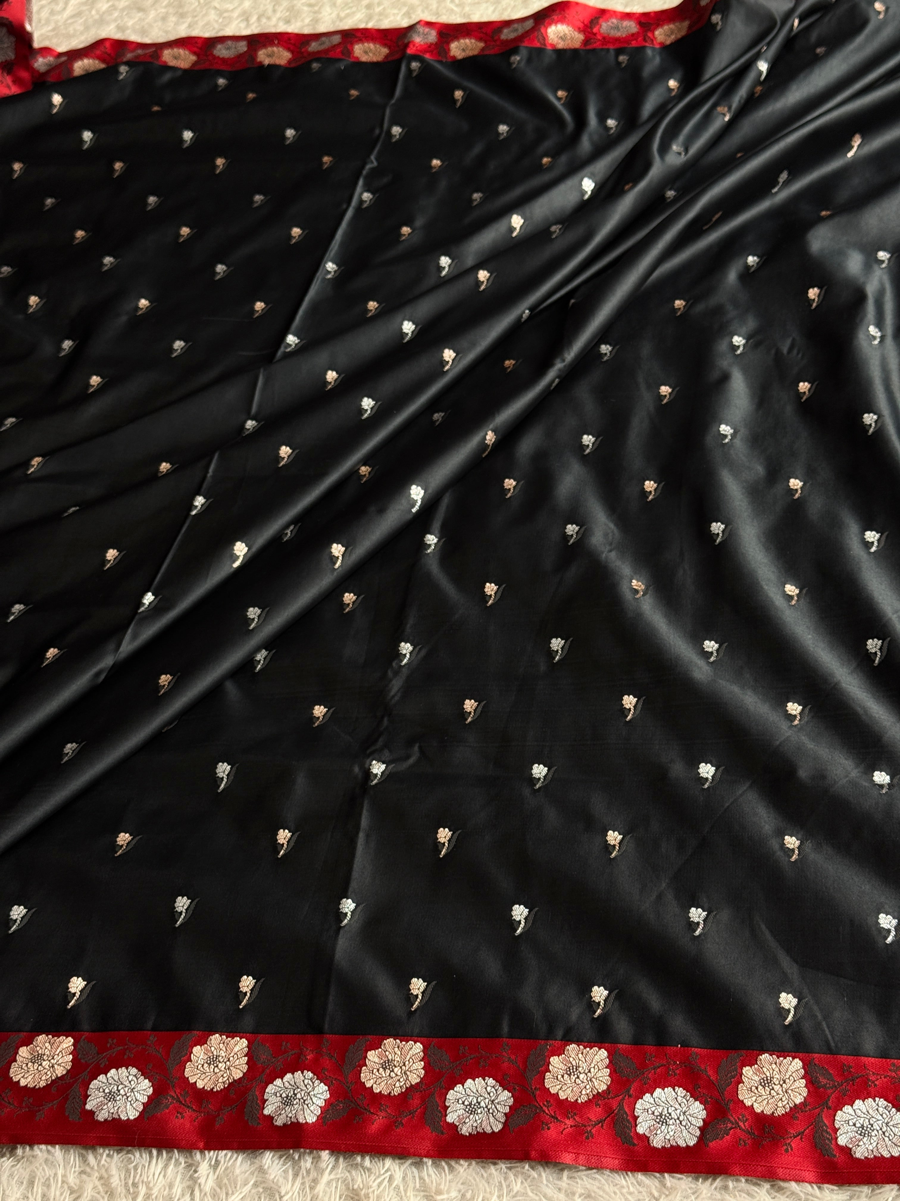 Elegant Black Mashru Kataan Silk Saree with Meenakari Buta Weaving – MKS668