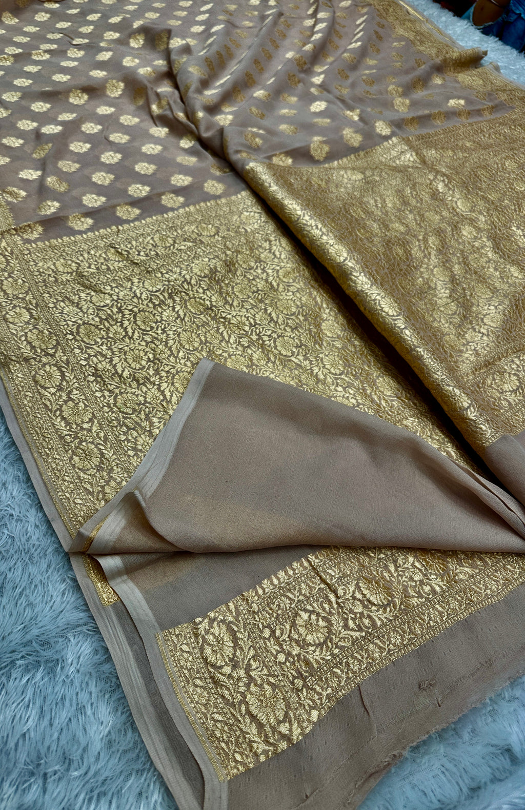 Beige Pure Natural Silk Khaddi Georgette Saree with Buta Woven Design | PSG11