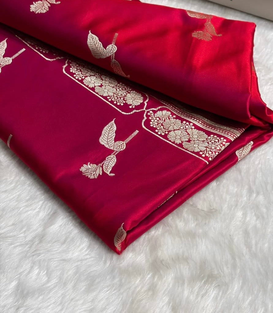 Banarasi Mashru Kataan Silk Saree Featuring Flower Buta Design with Ikkat Border and Zari Pallu – MKS409