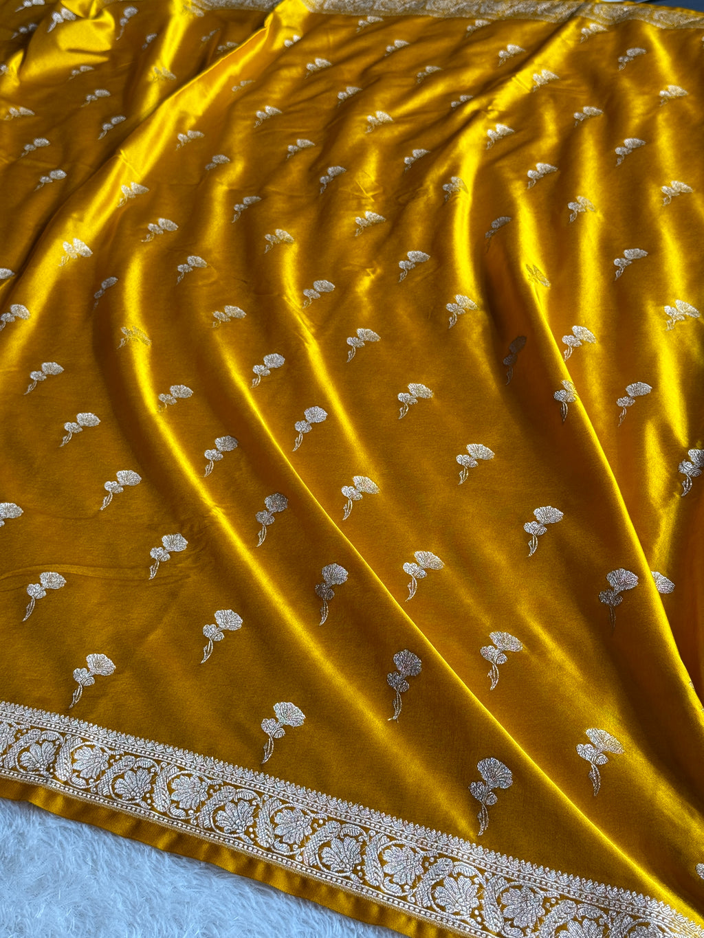 Premium Yellow Banarasi Mashru Kataan Silk Saree with Jaal Weave & Rupa-Sona Zari MKS119