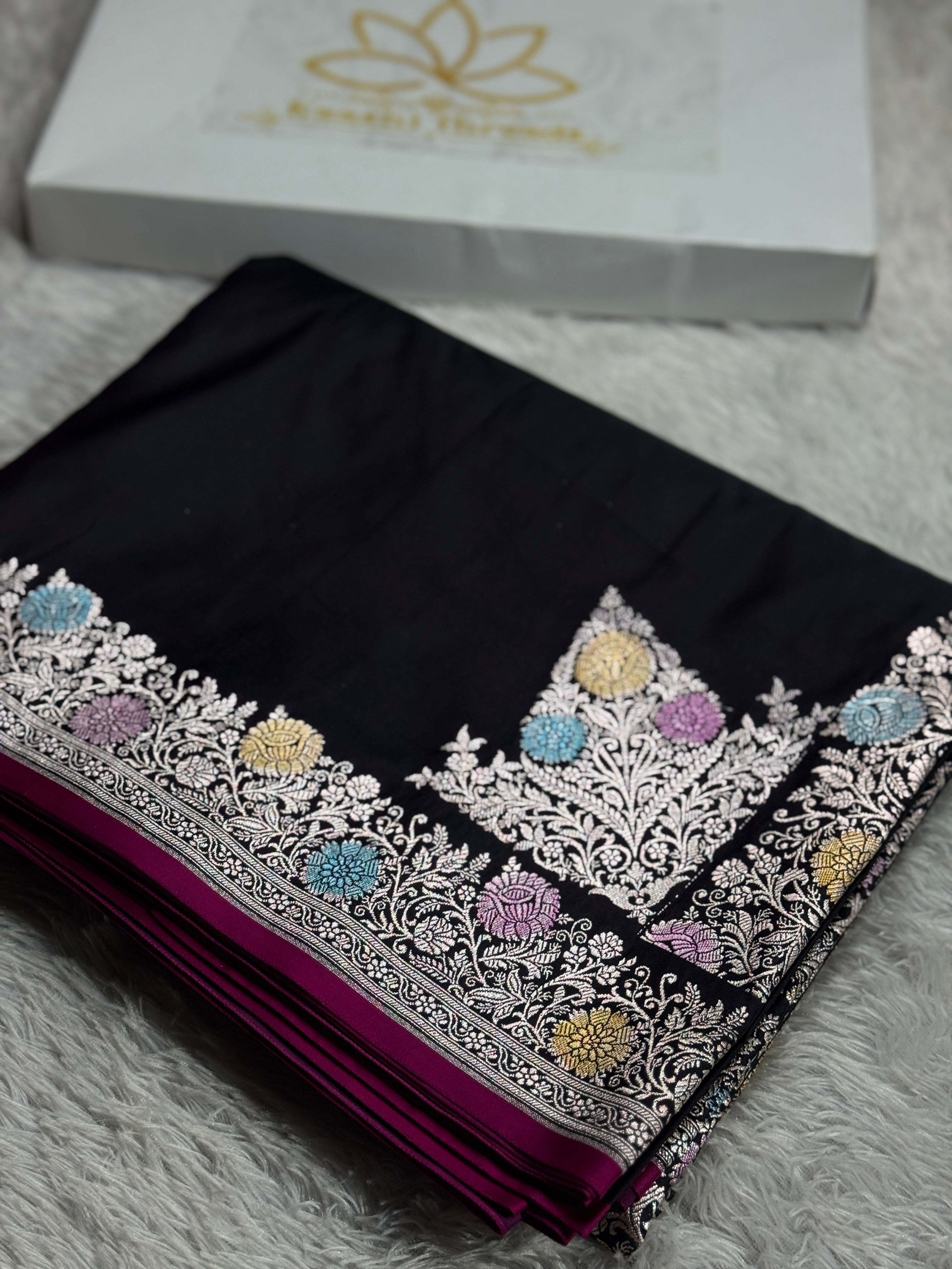 Black Premium Banarasi Mashru Silk Saree with Border & Pallu Meena Work MKS152