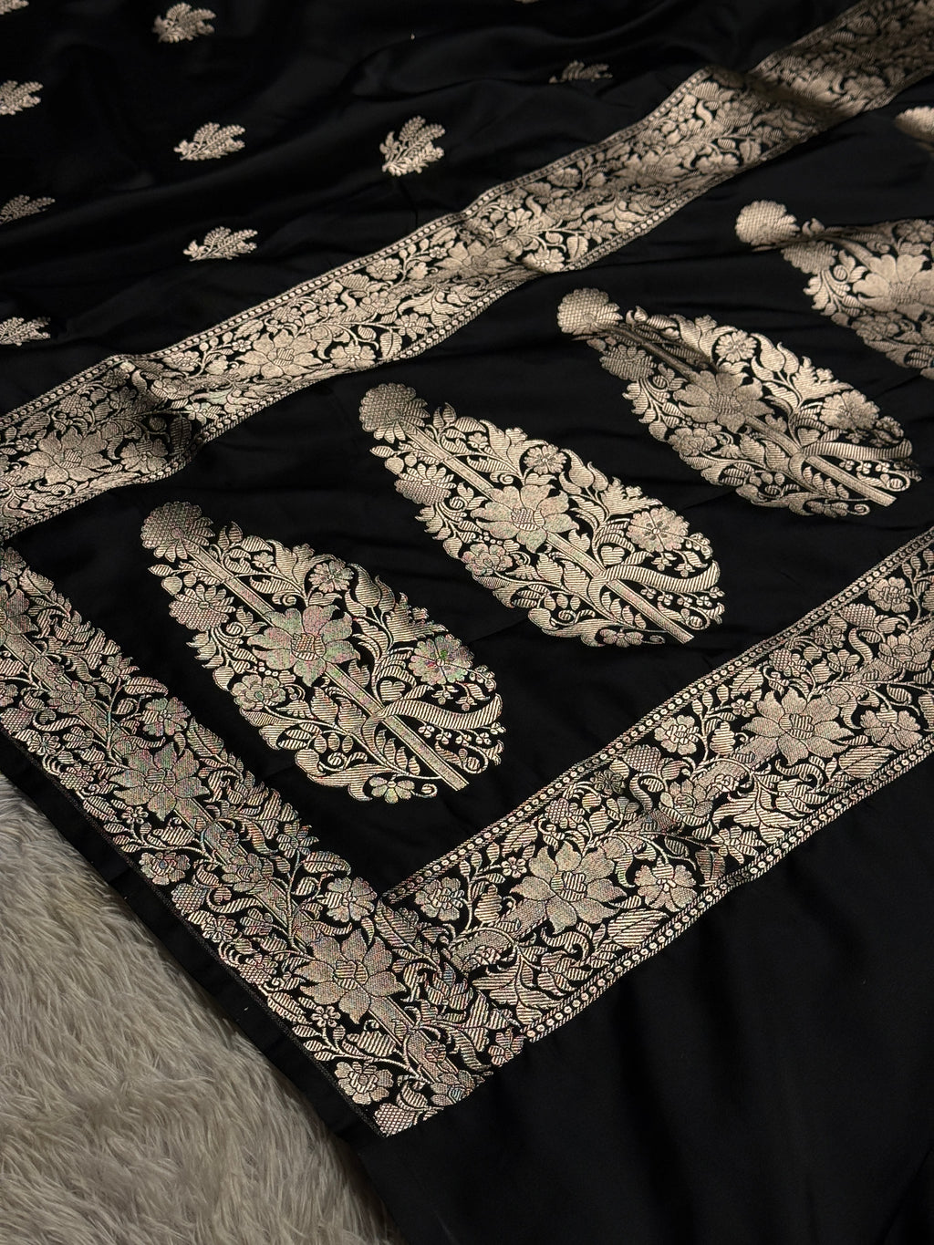 Elegant Black Buta Woven Banarasi Satin Mashru Silk Saree with Scalloped Border MKS181