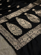 Elegant Black Buta Woven Banarasi Satin Mashru Silk Saree with Scalloped Border MKS181