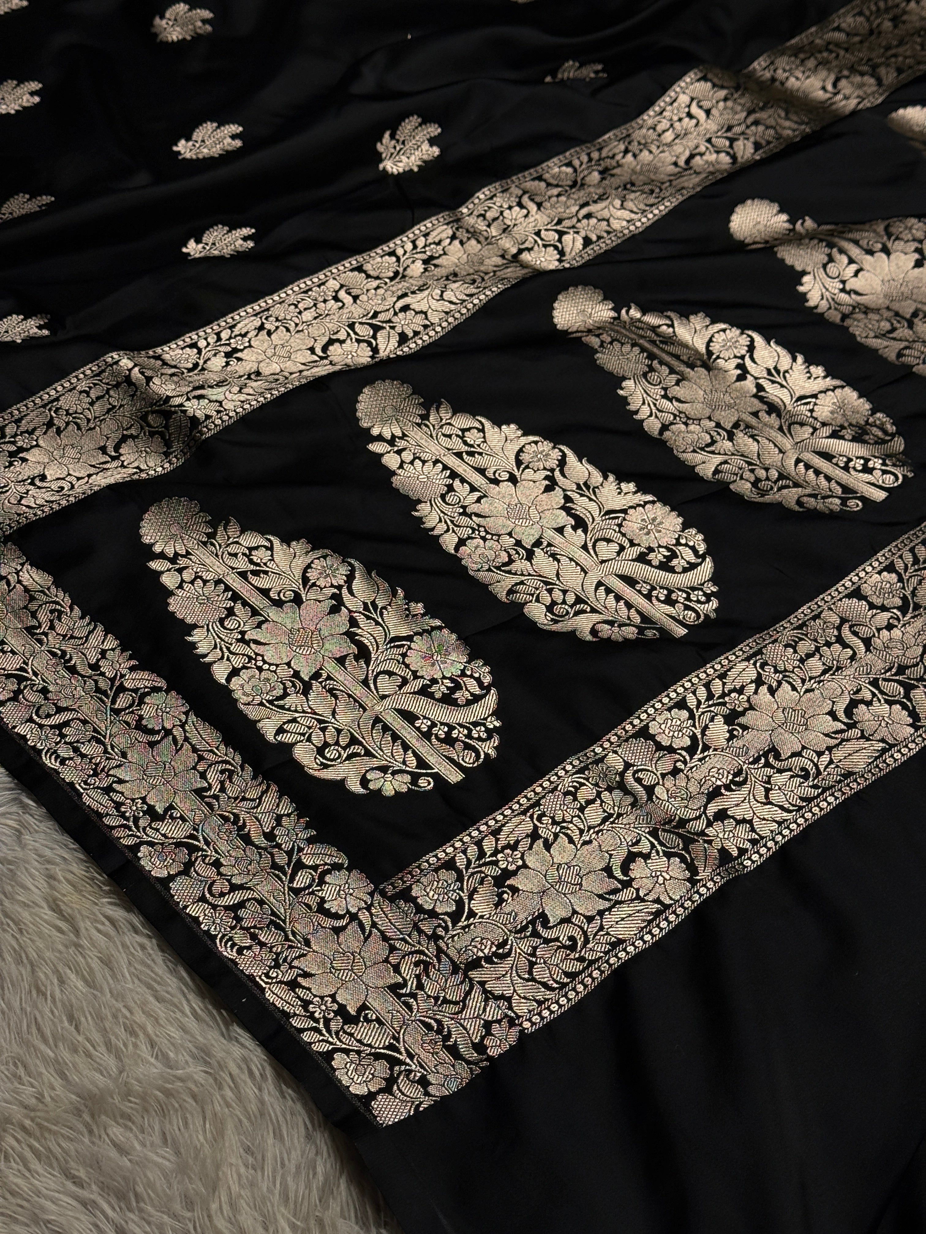 Elegant Black Buta Woven Banarasi Satin Mashru Silk Saree with Scalloped Border MKS181