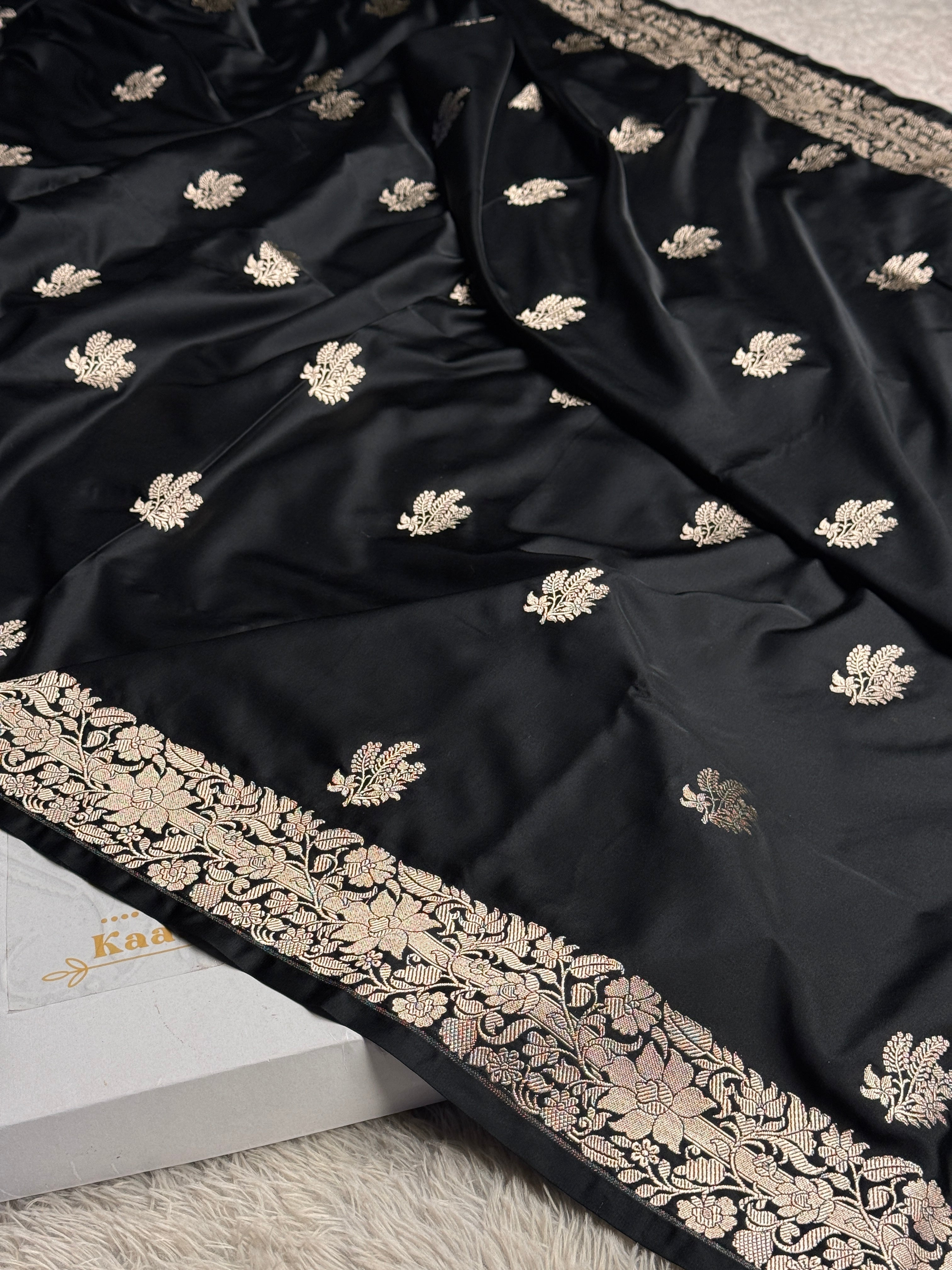 Elegant Black Buta Woven Banarasi Satin Mashru Silk Saree with Scalloped Border MKS181