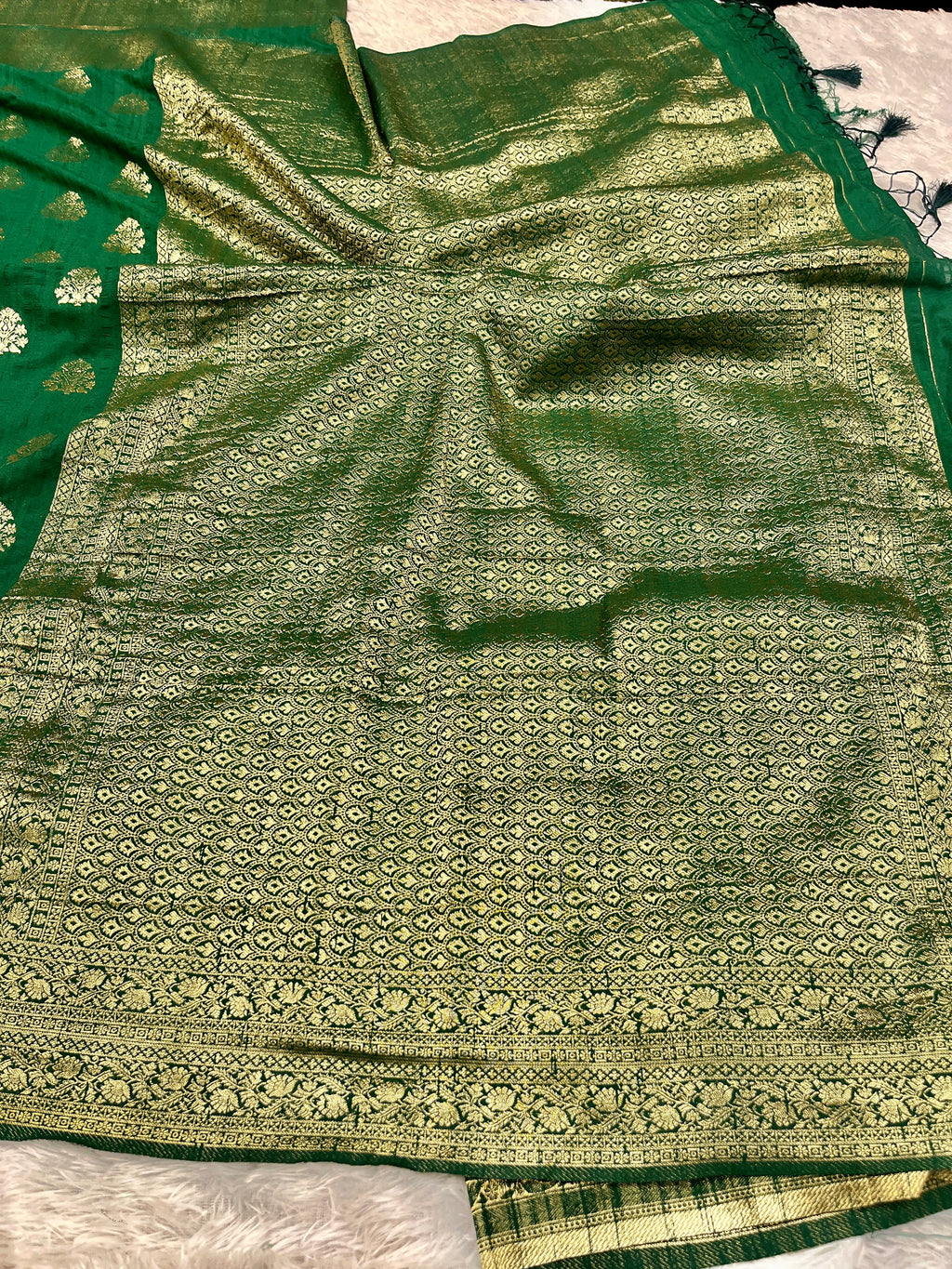 Raw Silk Zari Buta Green color Saree RS002