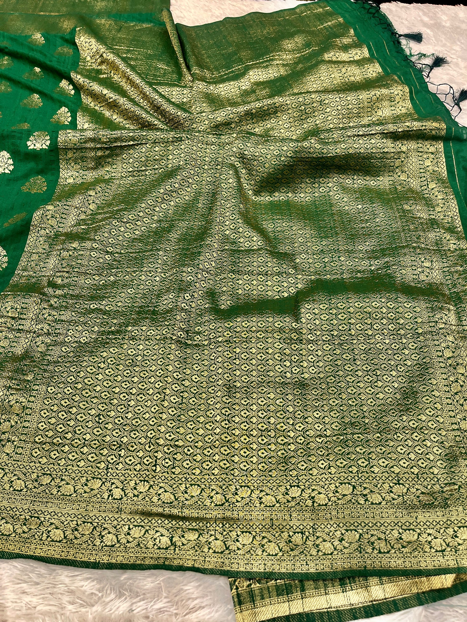 Raw Silk Zari Buta Green color Saree RS002