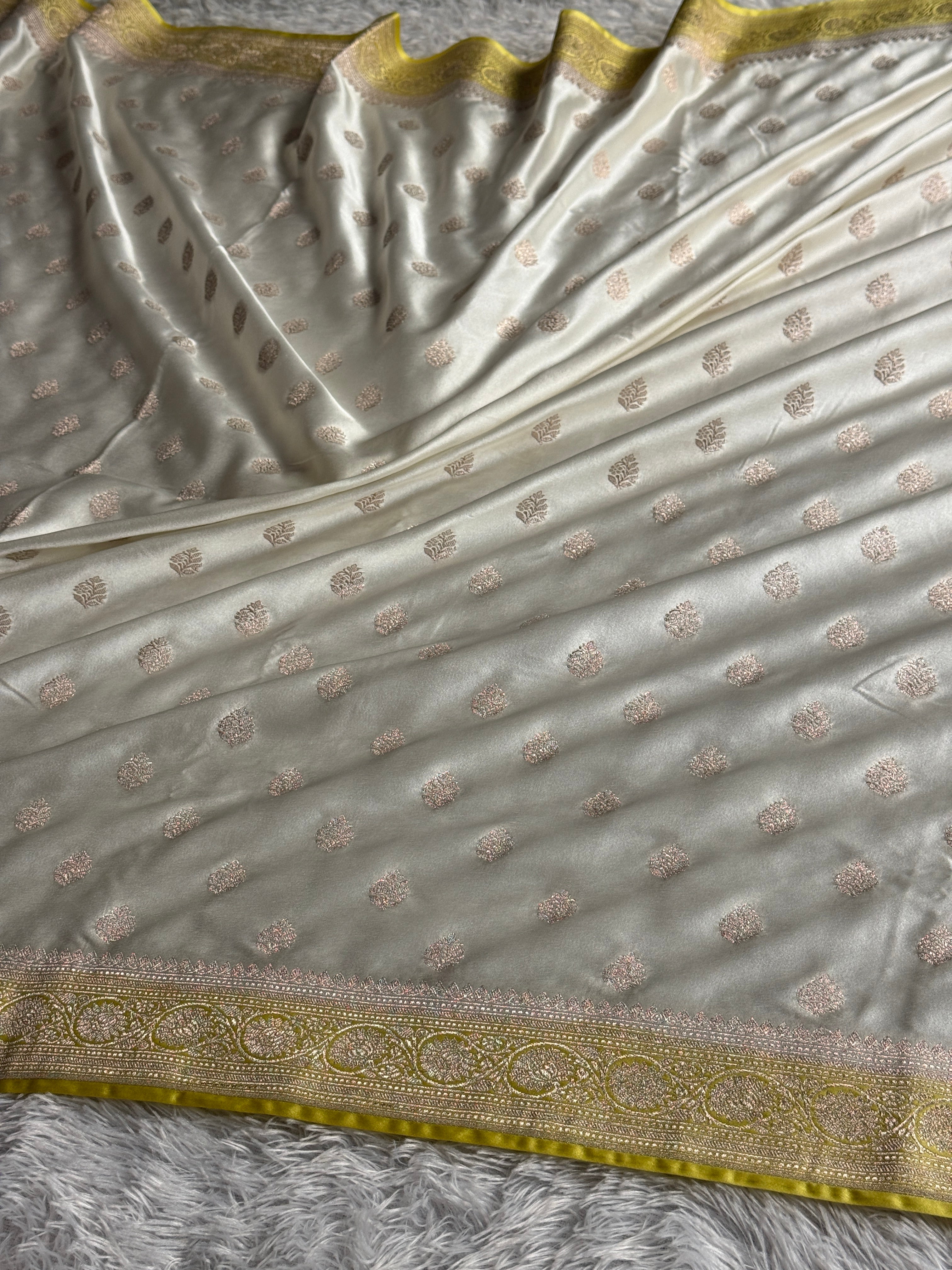 Cream with Lemon Yellow Contrast Mashru Kataan Silk Saree with Rich Zari Woven Pallu | MKS644