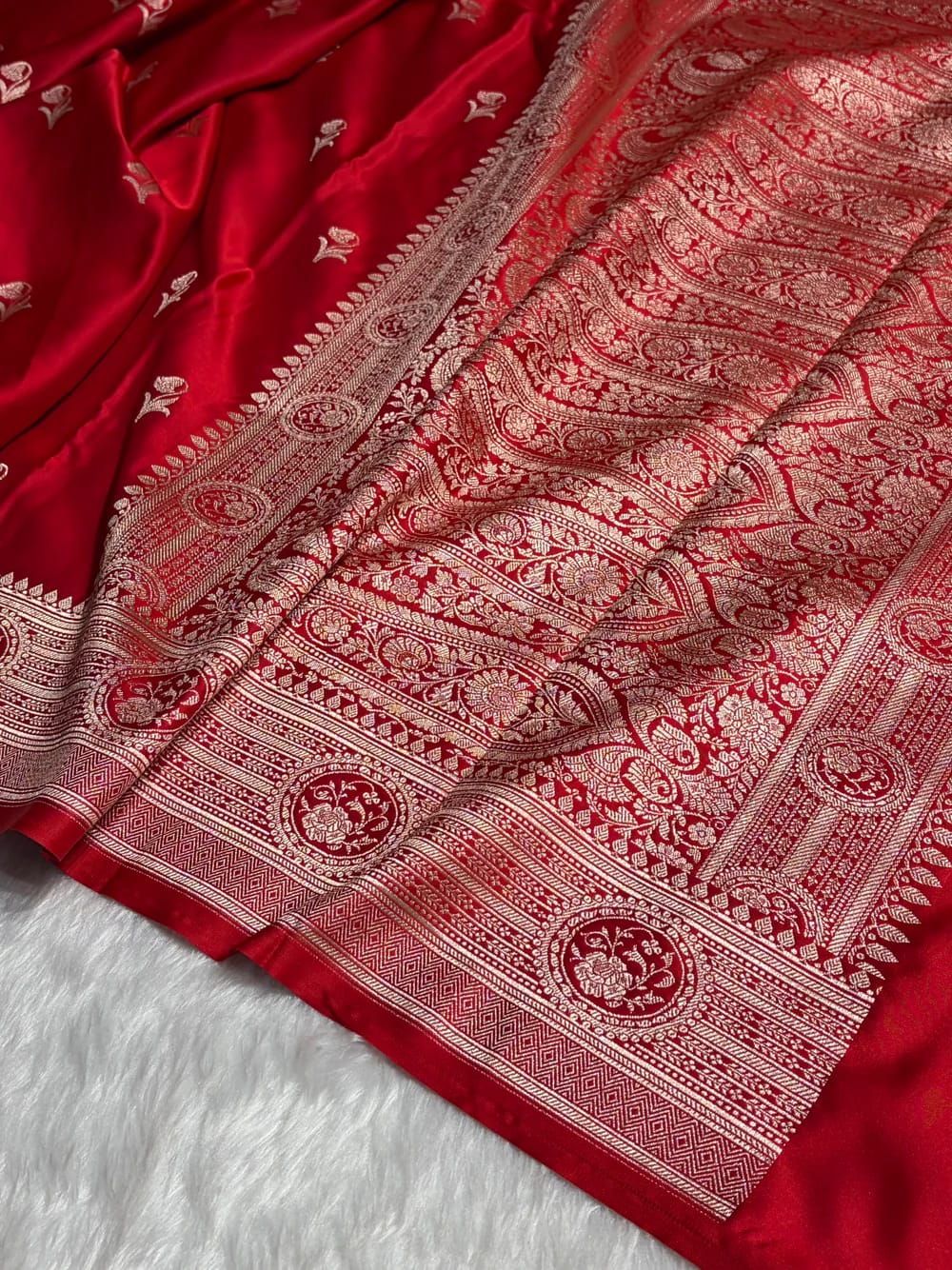 MKS305 Banarasi Mashru Silk Saree with Buta Pattern – Black, Red, Green, Yellow & Orange