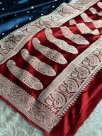 Wine & Light Blue Mashru Kataan Silk Saree with Buta Woven Design MKS651