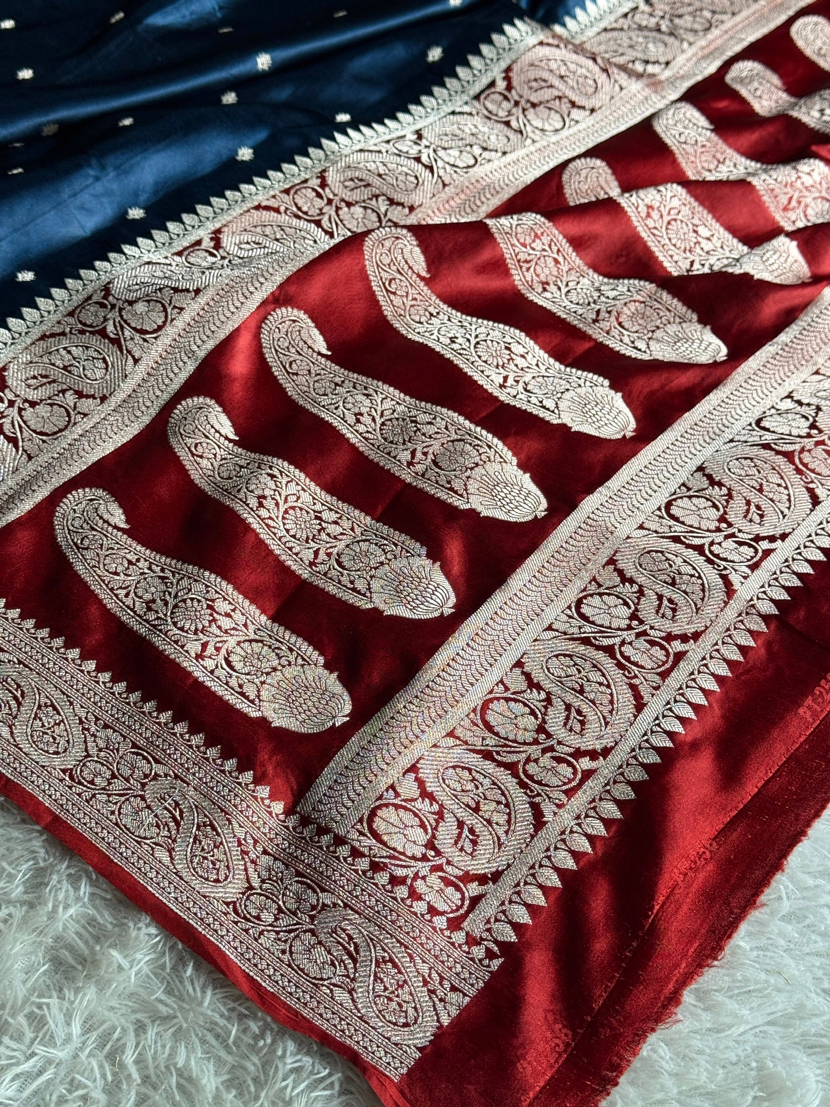 Wine & Light Blue Mashru Kataan Silk Saree with Buta Woven Design MKS651
