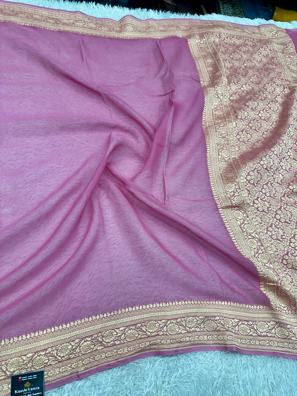 Pure Silk Georgette Strawberry Pink & Yellow Banarasi Saree with Nimzari Woven Border & Rich Zari Pallu