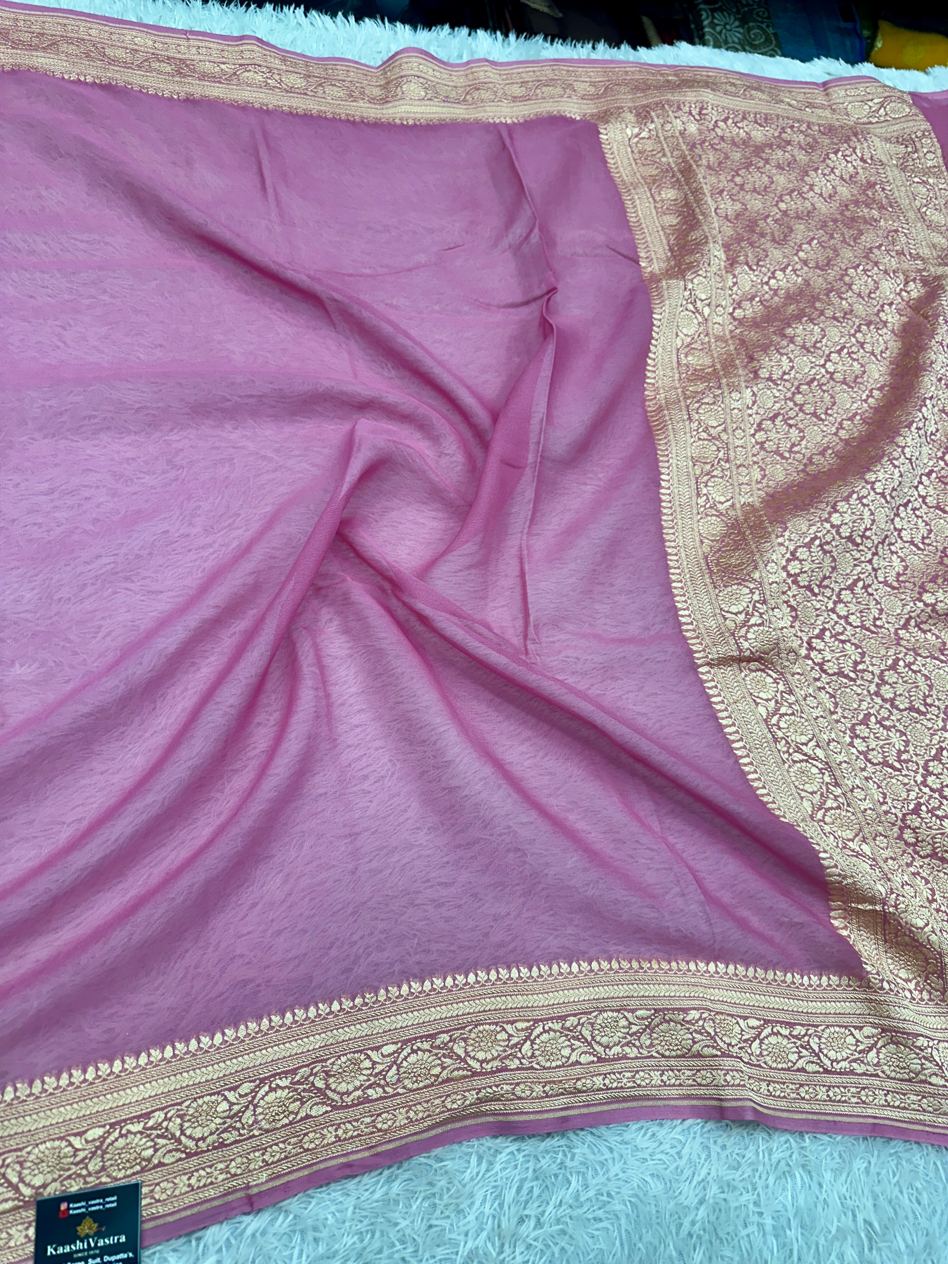 Pure Silk Georgette Strawberry Pink & Yellow Banarasi Saree with Nimzari Woven Border & Rich Zari Pallu