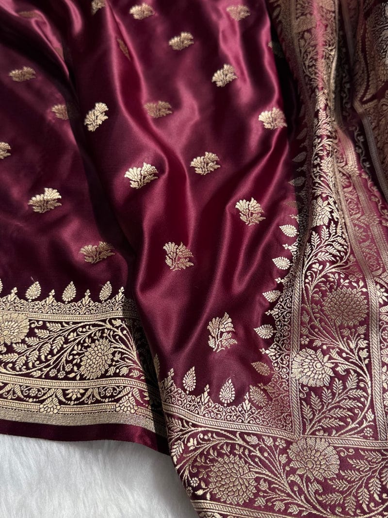 Banarasi Mashru Kataan Silk Saree Featuring Fancy Buta Pattern with Ikkat Border & Zari Pallu – MKS408