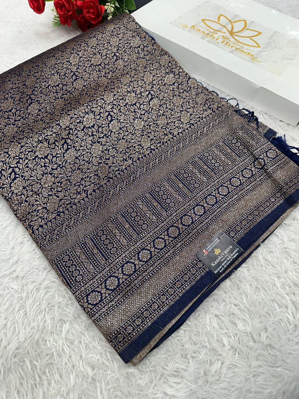 Navy Blue Banarasi Dupion Silk Saree with Embossed Antique Zari Weaving & Rich Antique Zari Pallu | STF87