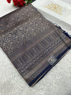 Navy Blue Banarasi Dupion Silk Saree with Embossed Antique Zari Weaving & Rich Antique Zari Pallu | STF87