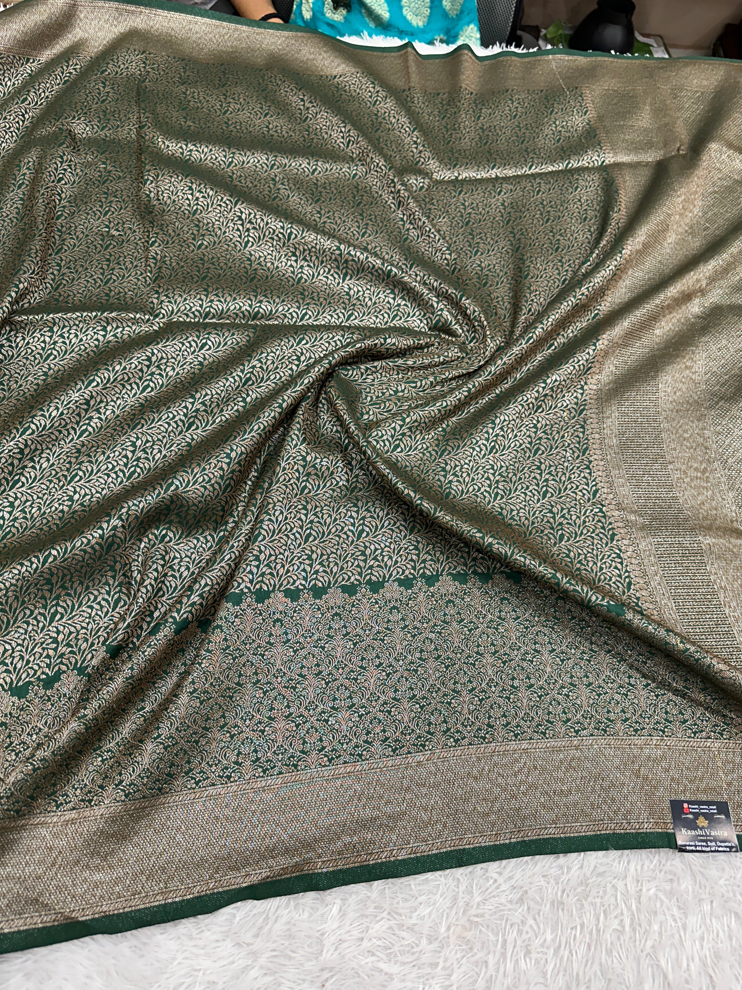 Bottle Green Banarasi Dupion Silk Saree with Embossed Antique Zari Weaving & Rich Antique Zari Pallu | STF98