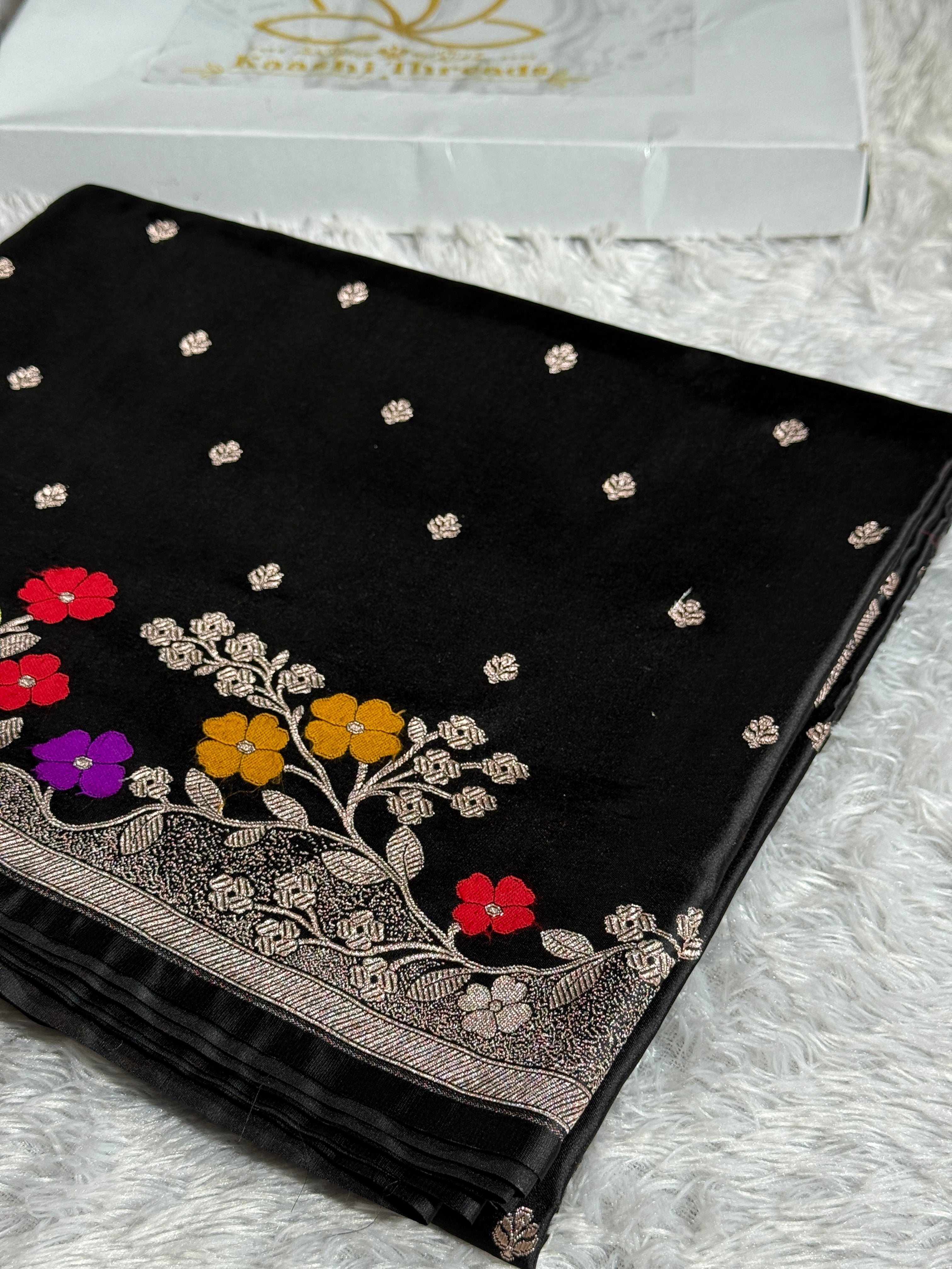 Black Mashru Kataan Silk Saree with Buta Design & Meenakari Zari Border MKS631