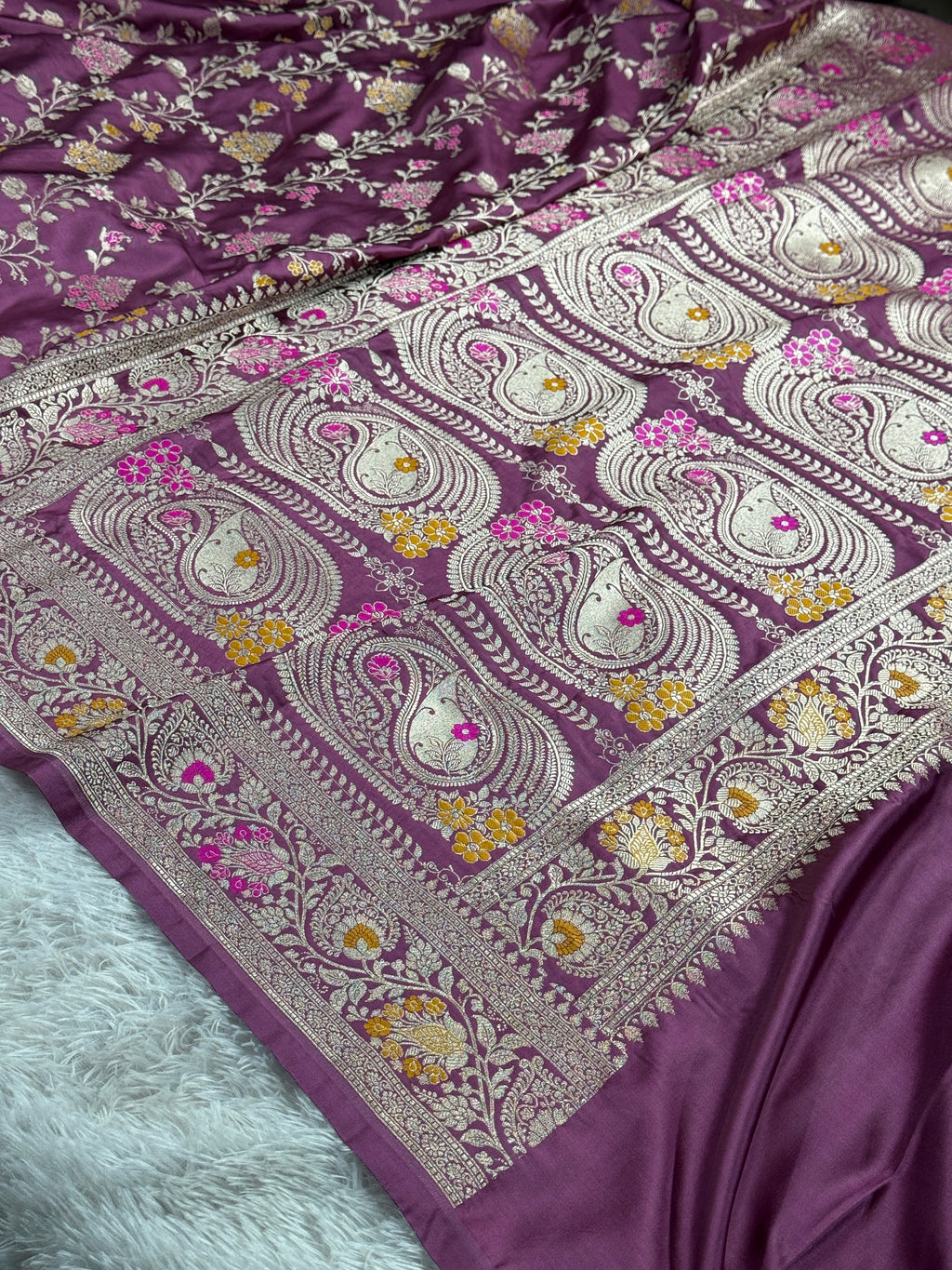 Gajri Banarasi Mashru Kataan Silk Saree with All-Over Jaal Meena Weaving & Rupa-Sona Zari MKS146
