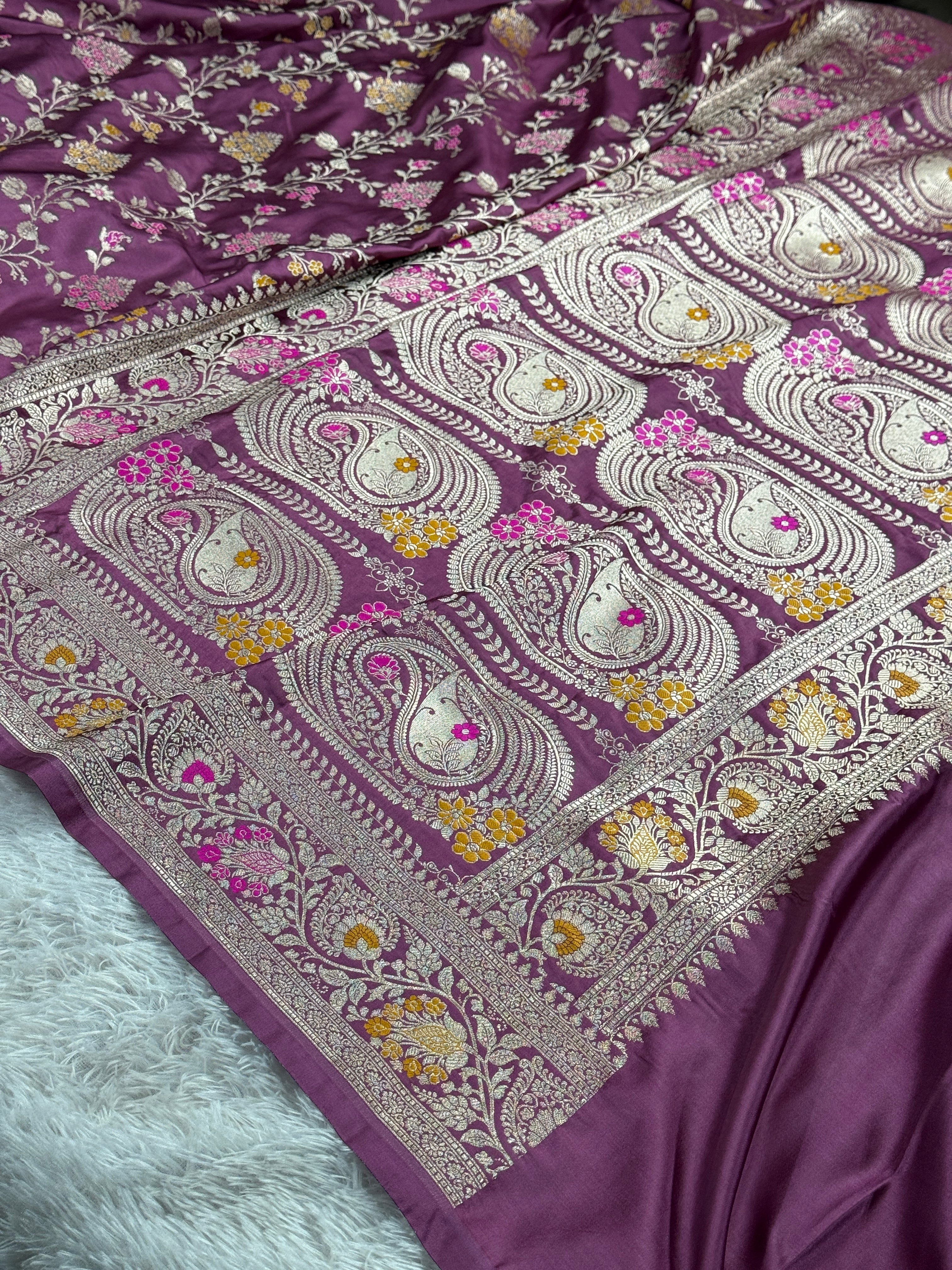 Gajri Banarasi Mashru Kataan Silk Saree with All-Over Jaal Meena Weaving & Rupa-Sona Zari MKS146