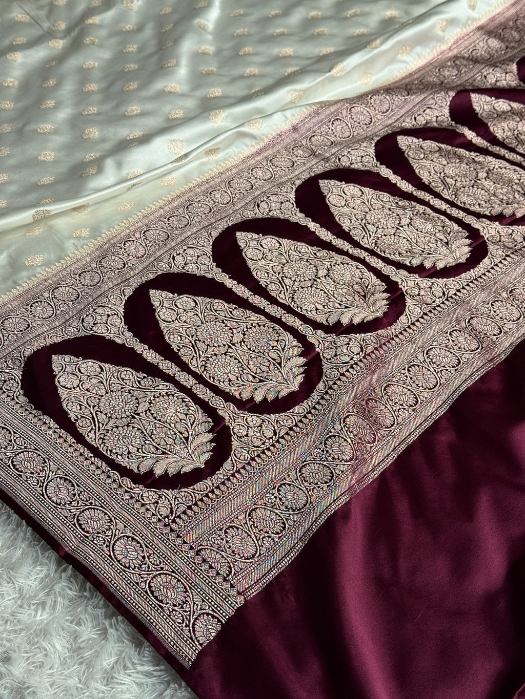 Cream & Wine Mashru Kataan Silk Saree with Buta Woven Design and Rich Zari Pallu | MKS644