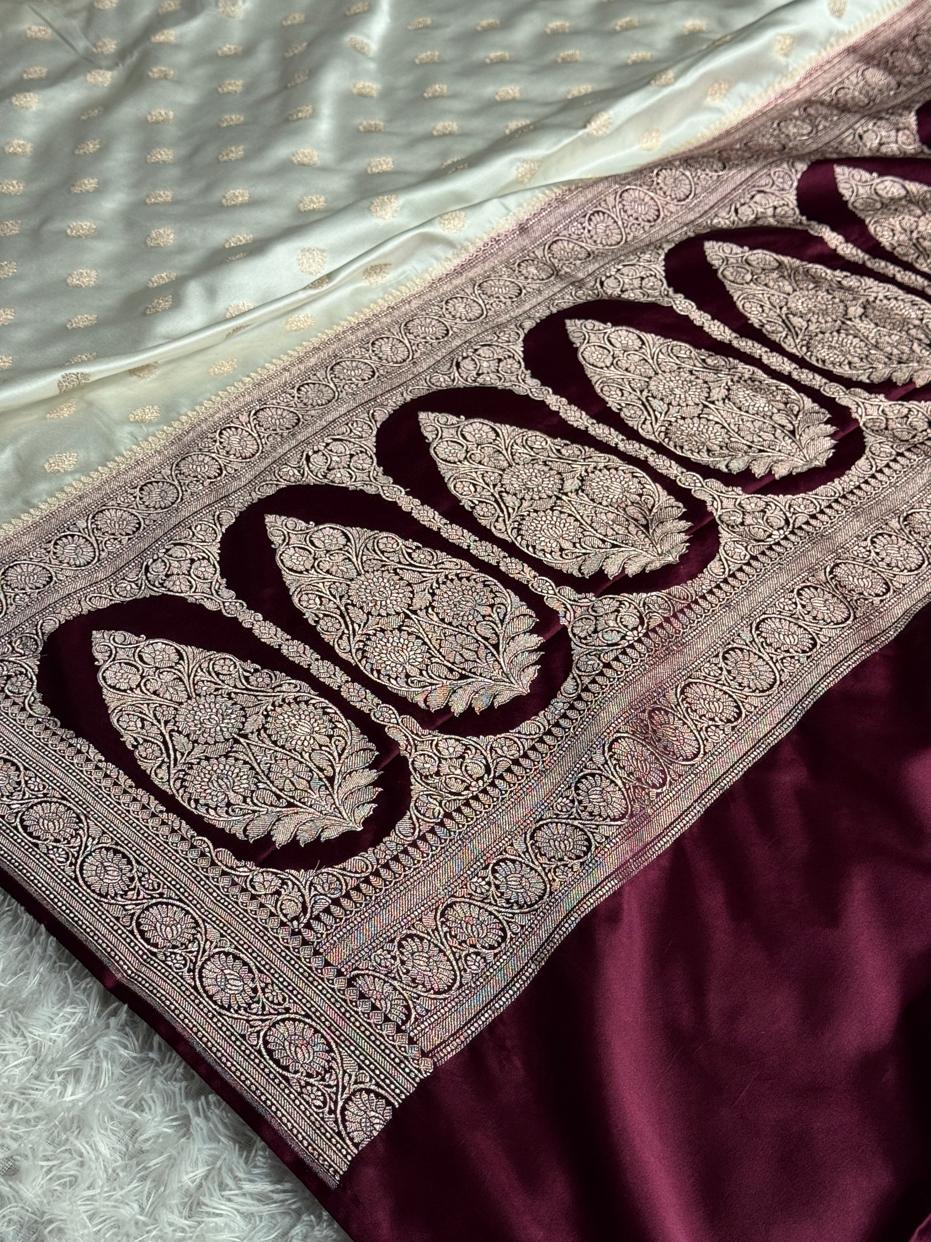 Cream & Wine Mashru Kataan Silk Saree with Buta Woven Design and Rich Zari Pallu | MKS644