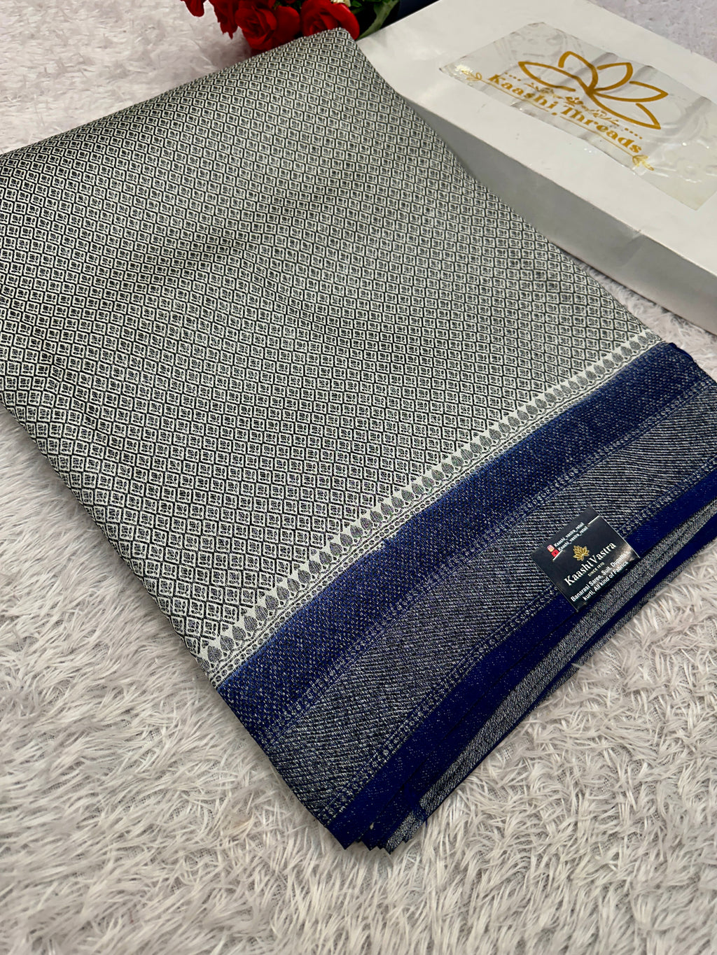 STF46 – Graceful Cream Dupion Saree with Silver-Black Antique Zari Weaving
