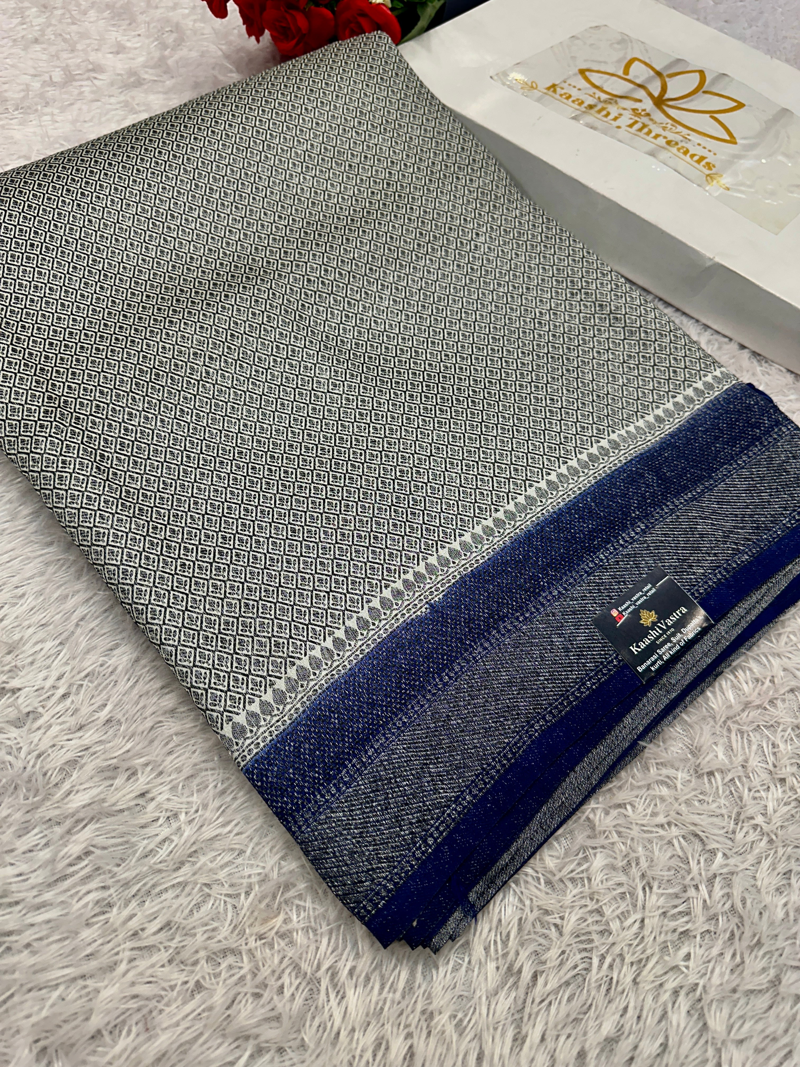 STF46 – Graceful Cream Dupion Saree with Silver-Black Antique Zari Weaving