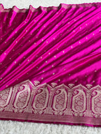 Banarasi Mashru Kataan Silk Saree in Rani Pink | Ikkat Buti Woven Design with Rich Zari Pallu | MKS854