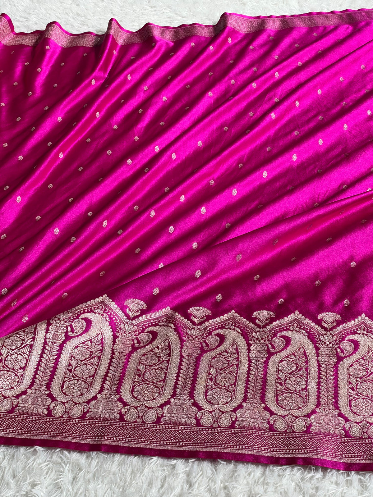 Banarasi Mashru Kataan Silk Saree in Rani Pink | Ikkat Buti Woven Design with Rich Zari Pallu | MKS854