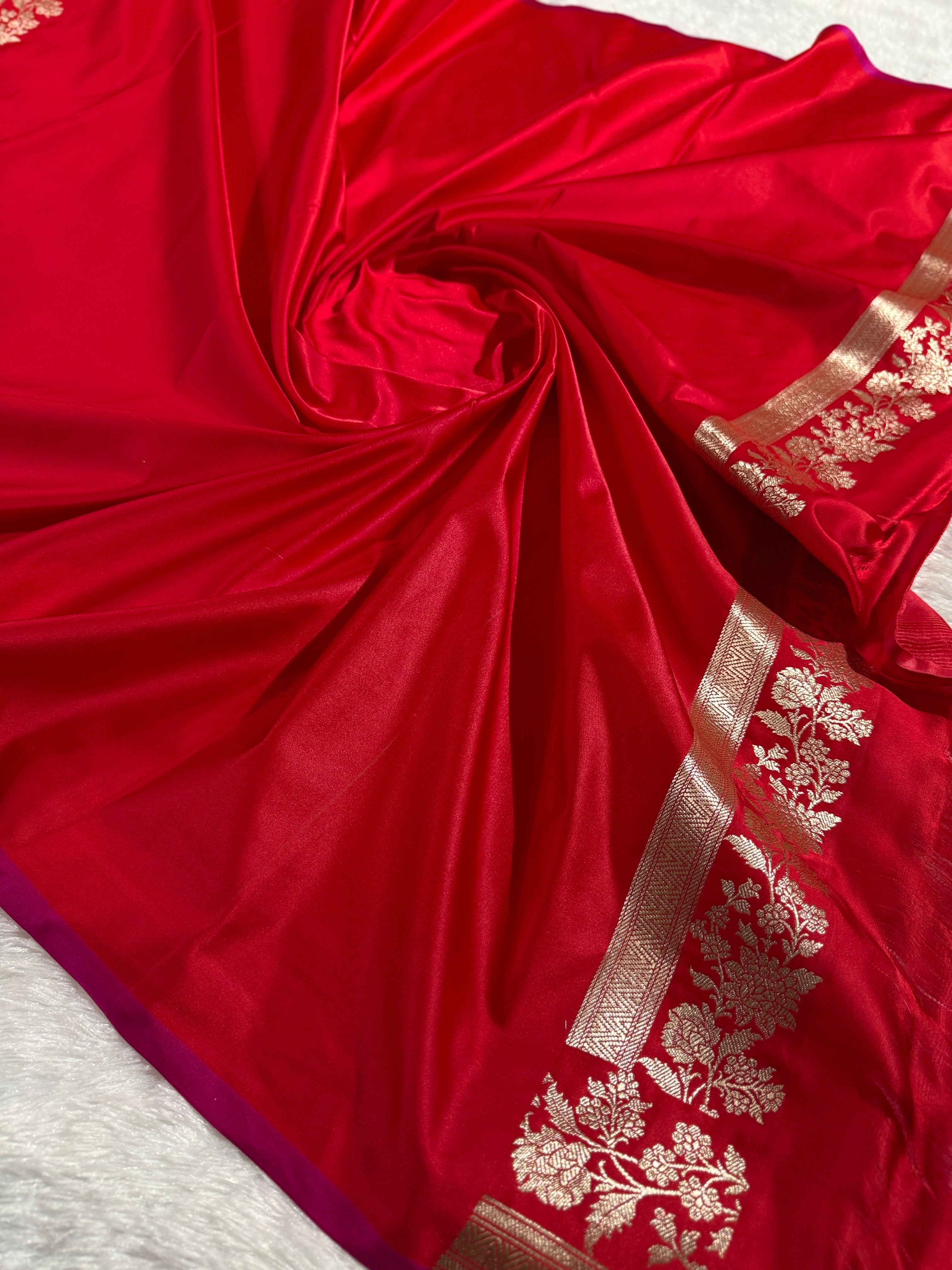 Red Banarasi Mashru Silk Saree with Leaf Buta Jacquard Woven Design MKS096