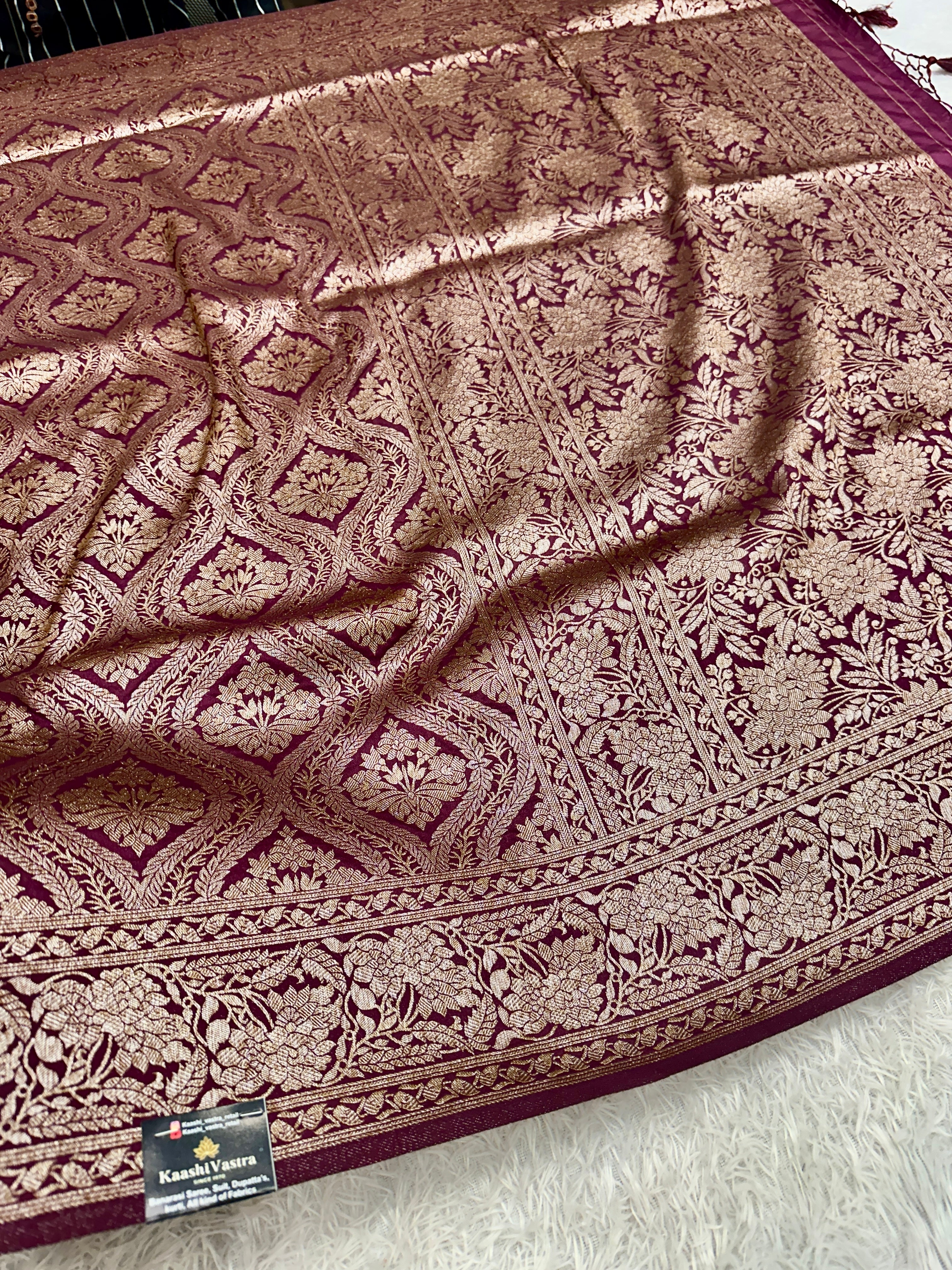 Wine Banarasi Dupion Silk Saree with Embossed Antique Zari Weaving & Rich Antique Zari Pallu | STF65