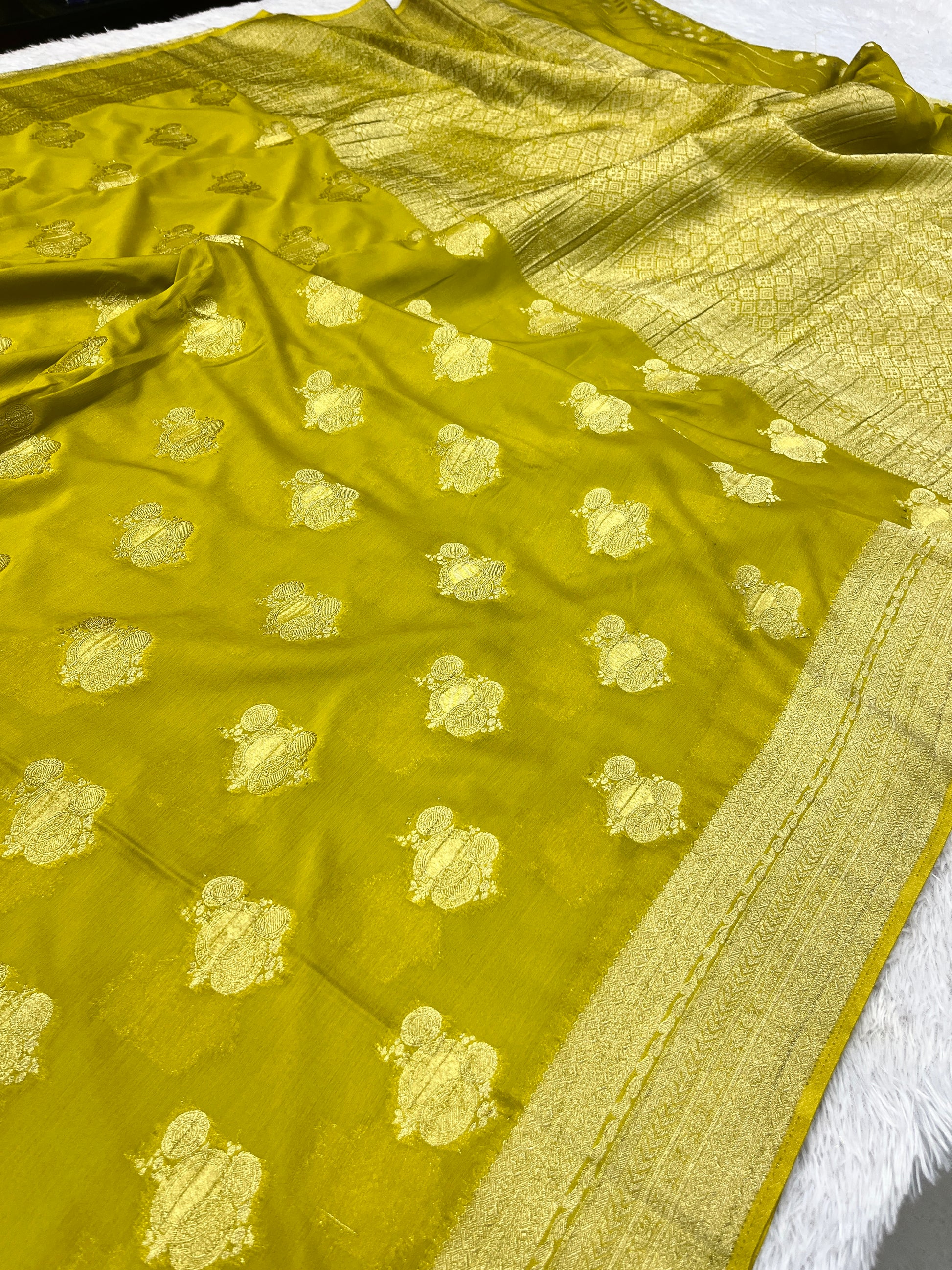 Chinon Silk Karry  Buta  Design Lemon color  Saree CN08